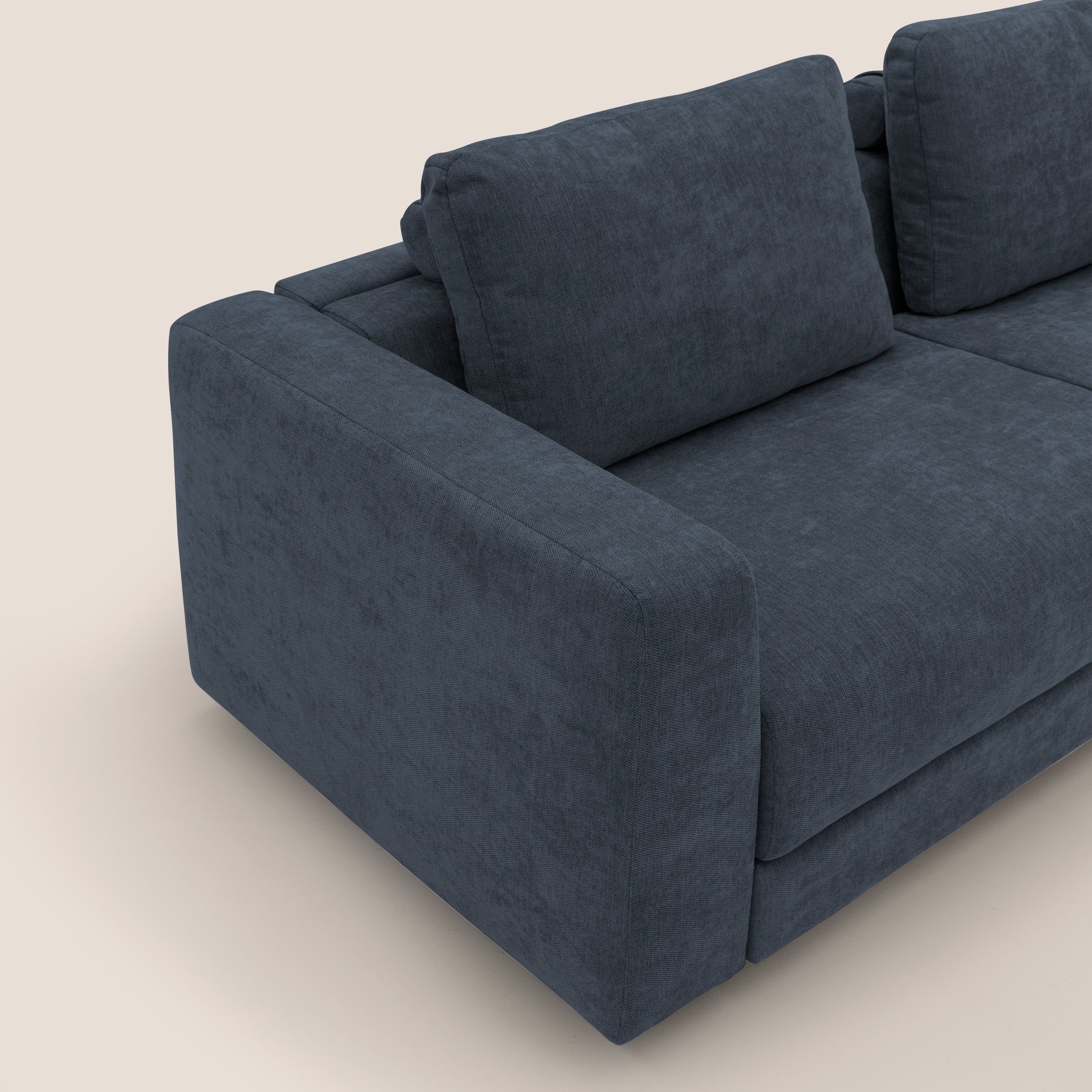 Freia Divano letto minimal materasso h15 cm con morbidi schienali in tessuto impermeabile T14 blu - divani.store