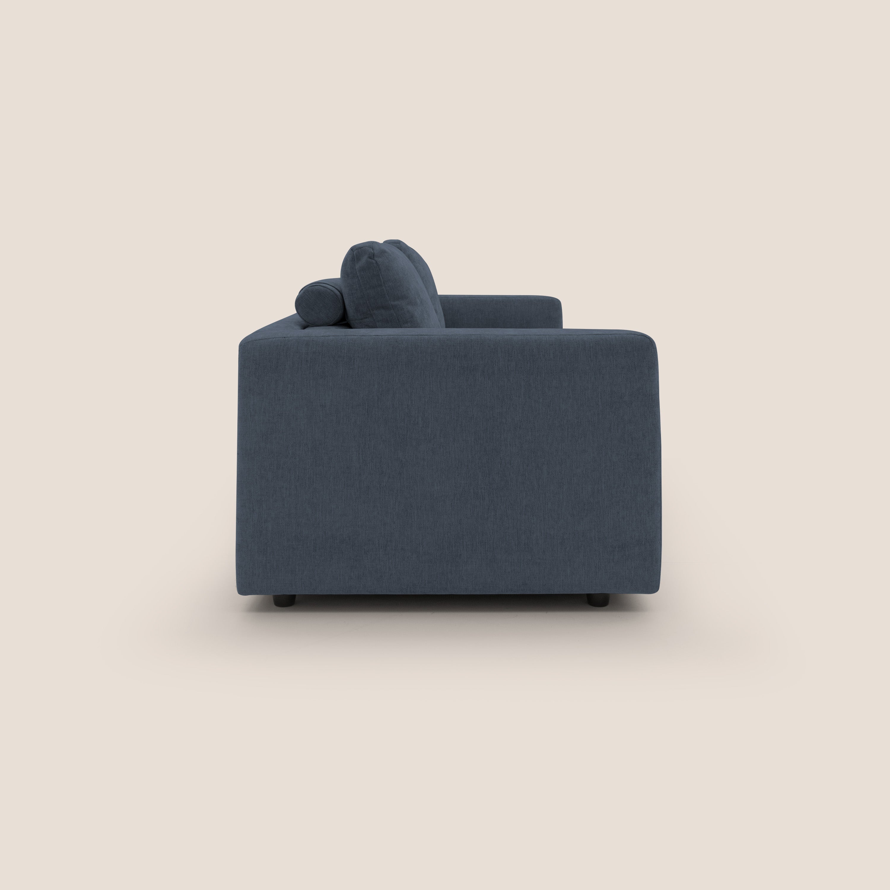 Freia Divano letto minimal materasso h15 cm con morbidi schienali in tessuto impermeabile T14 blu - divani.store
