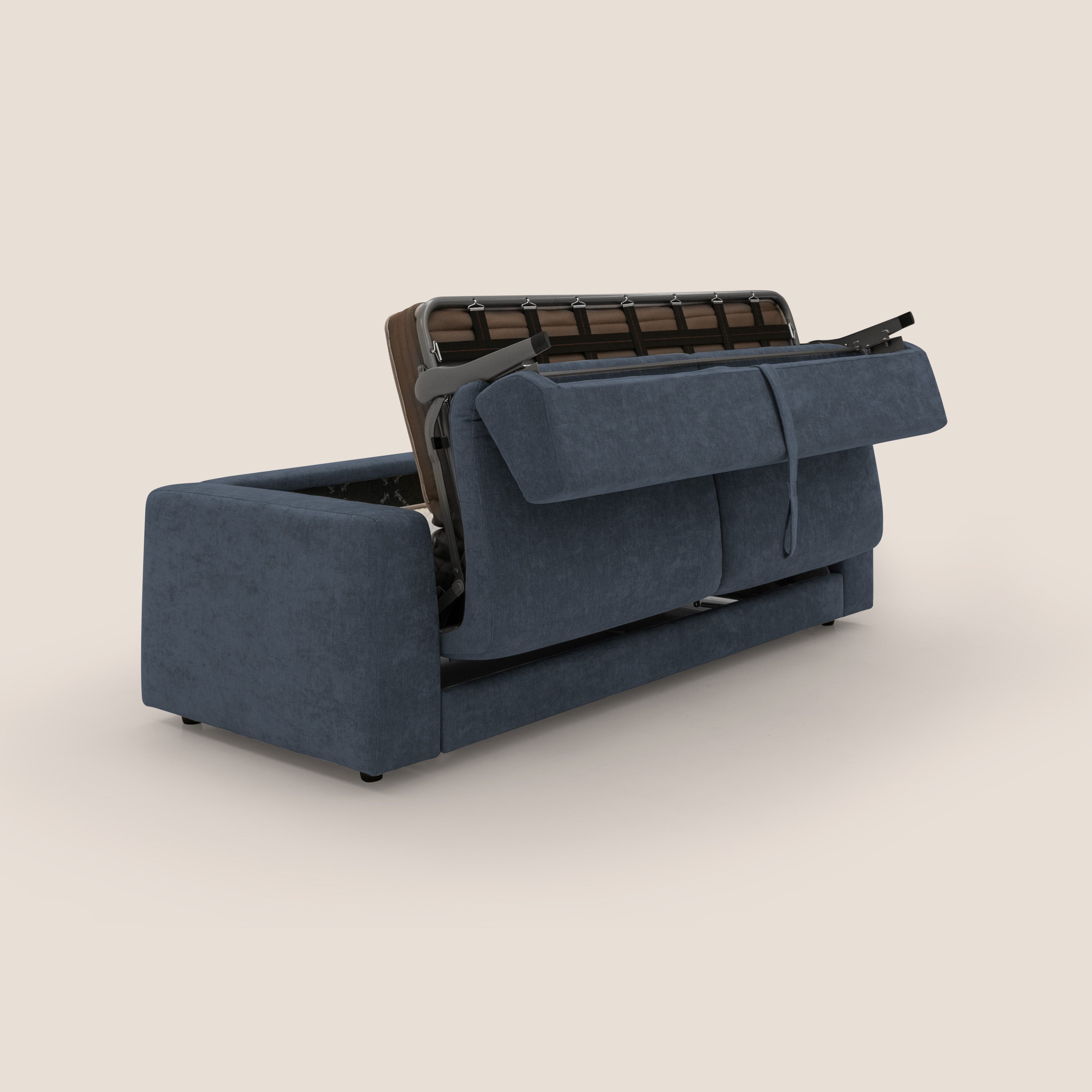 Freia Divano letto minimal materasso h15 cm con morbidi schienali in tessuto impermeabile T14 blu - divani.store
