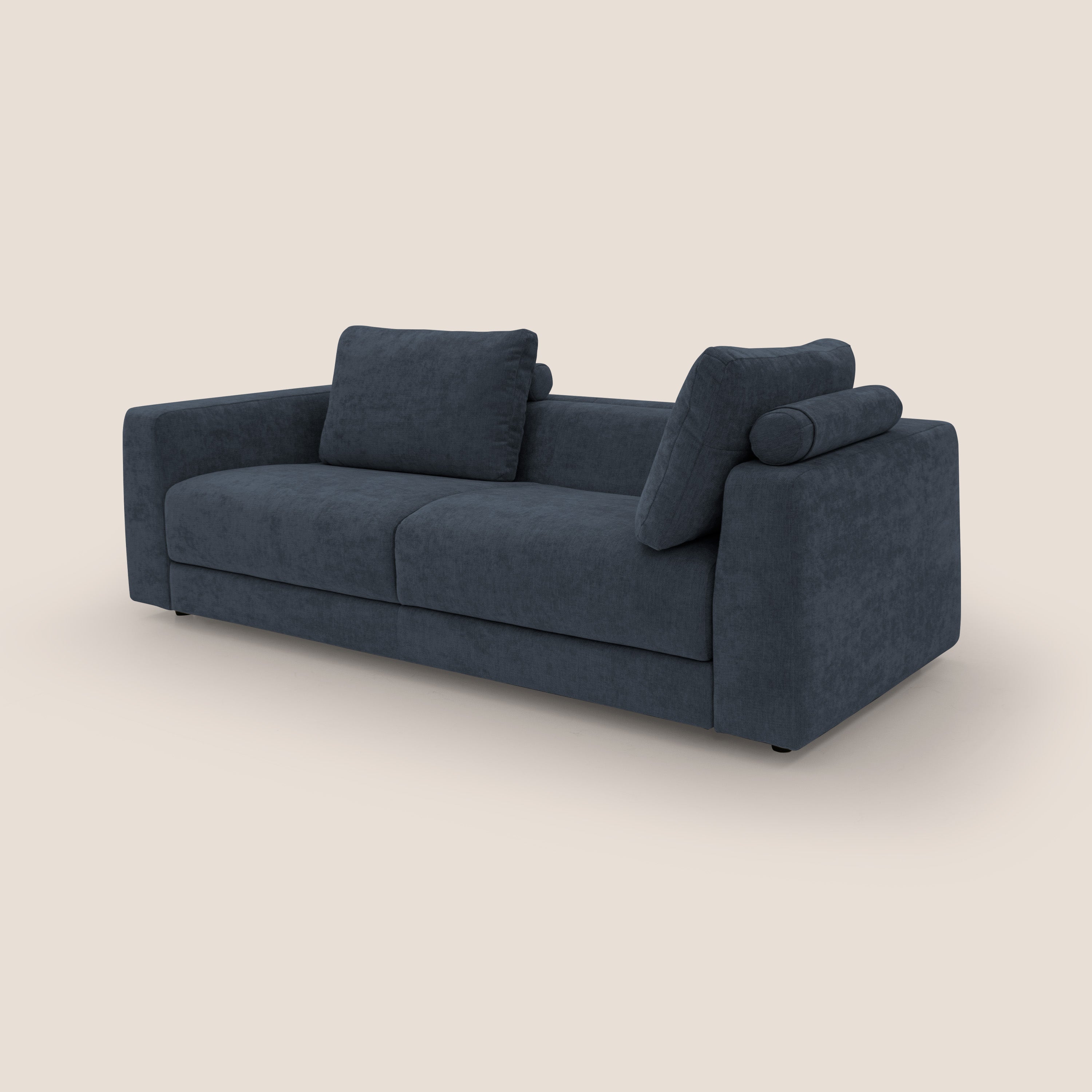 Freia Divano letto minimal materasso h15 cm con morbidi schienali in tessuto impermeabile T14 blu - divani.store