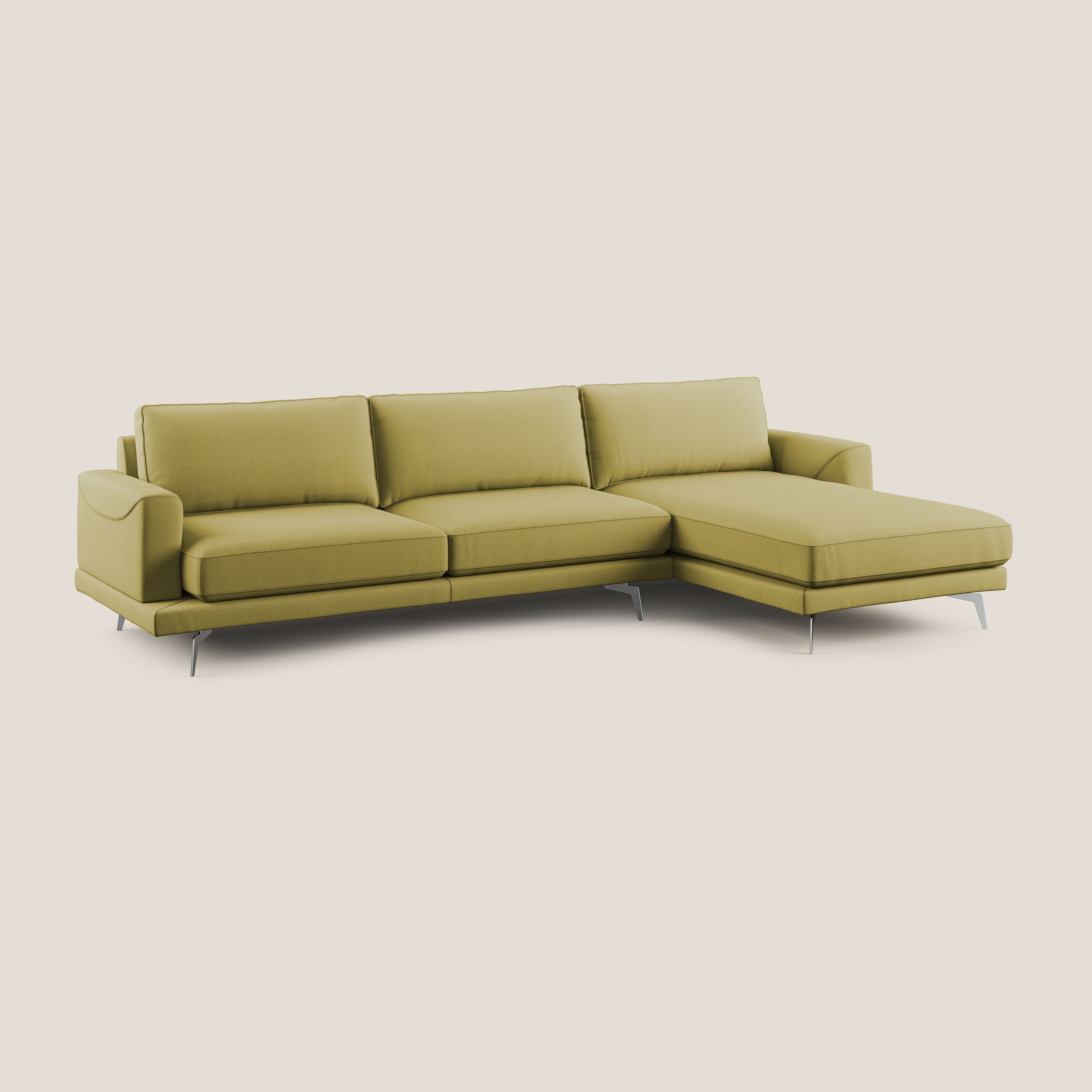 Dorian divano moderno angolare con penisola in tessuto morbido antimacchia T05 giallo - divani.store