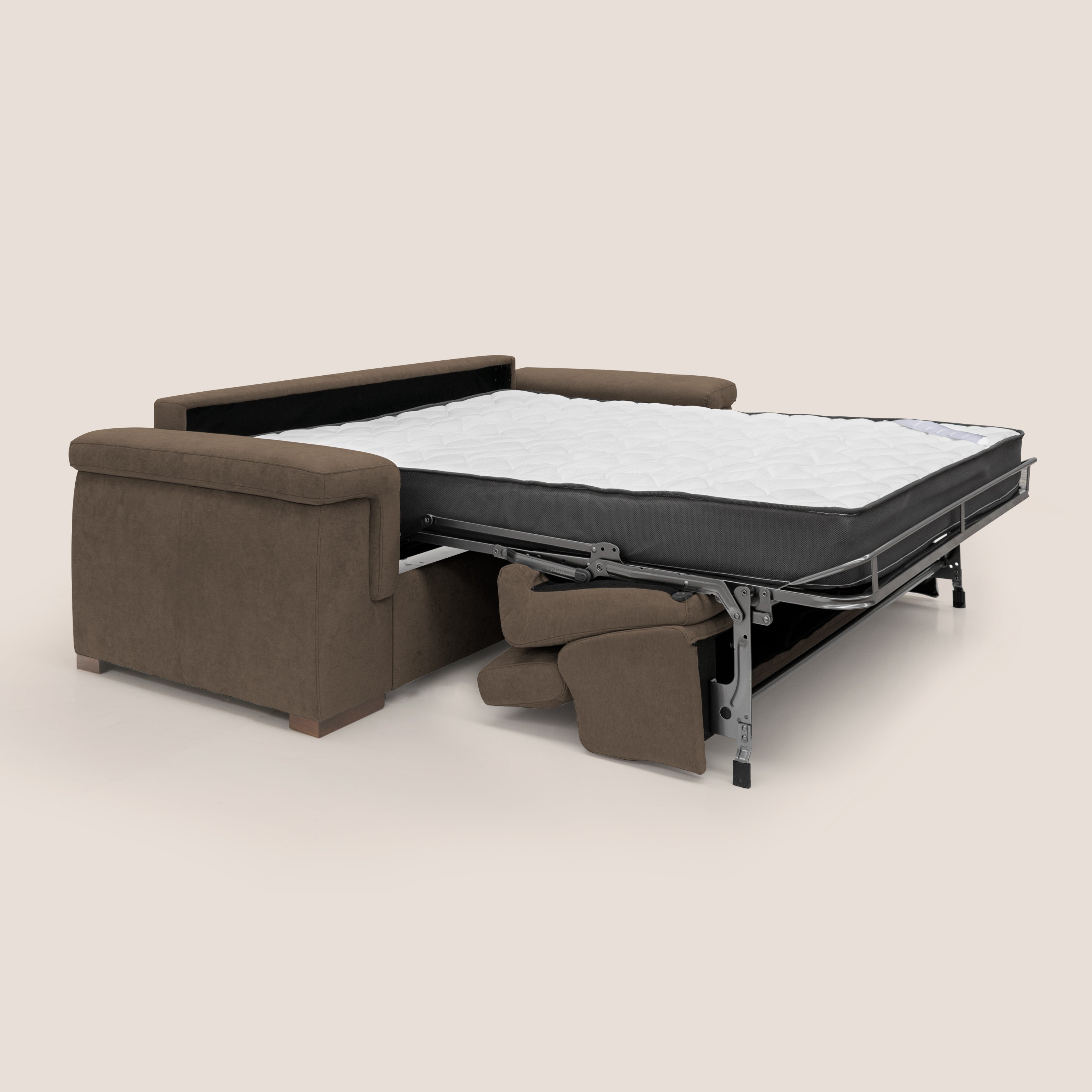 Giunone divano letto con materasso alto 18 cm e poggiatesta reclinabili in tessuto impermeabile T02 marrone - divani.store
