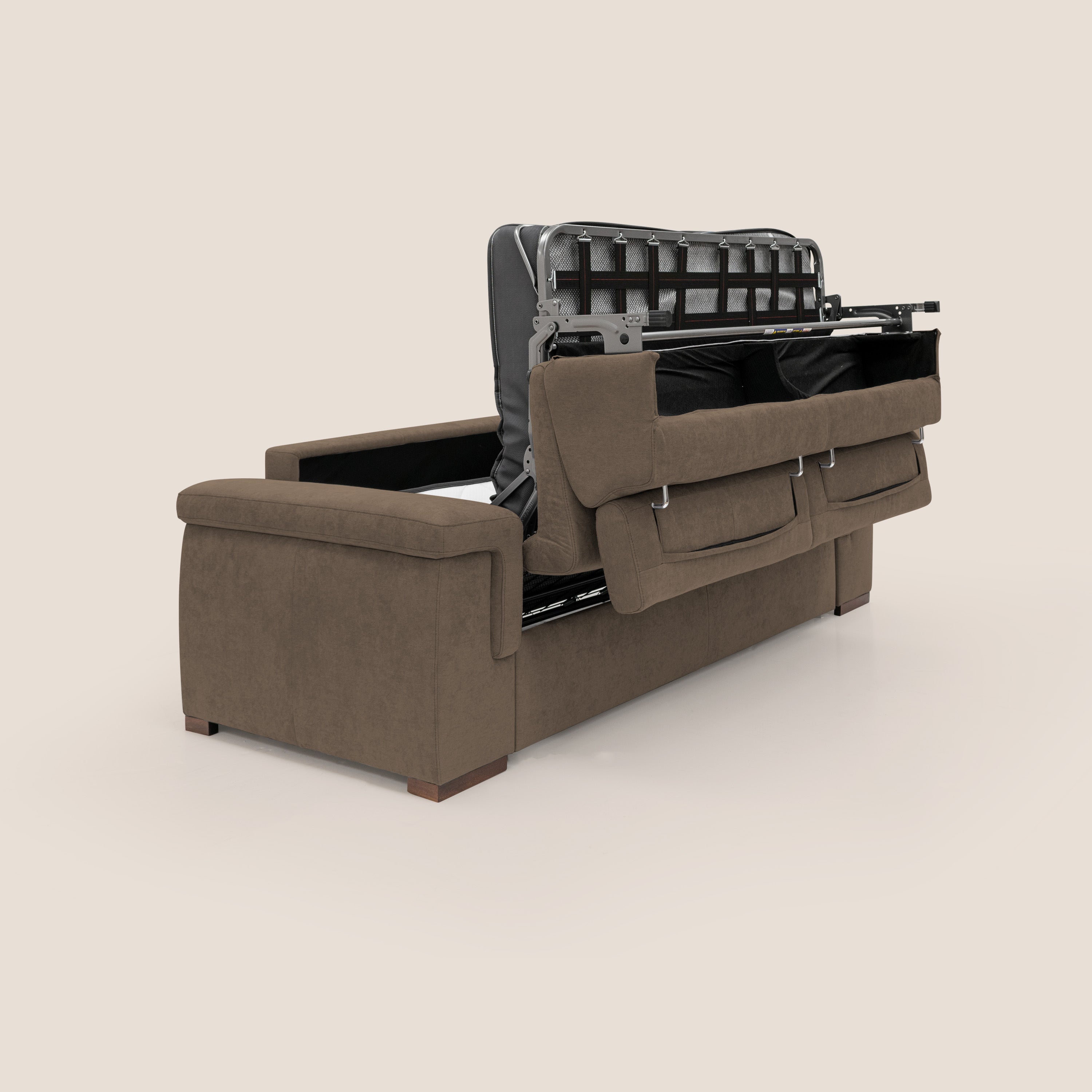 Giunone divano letto con materasso alto 18 cm e poggiatesta reclinabili in tessuto impermeabile T02 marrone - divani.store
