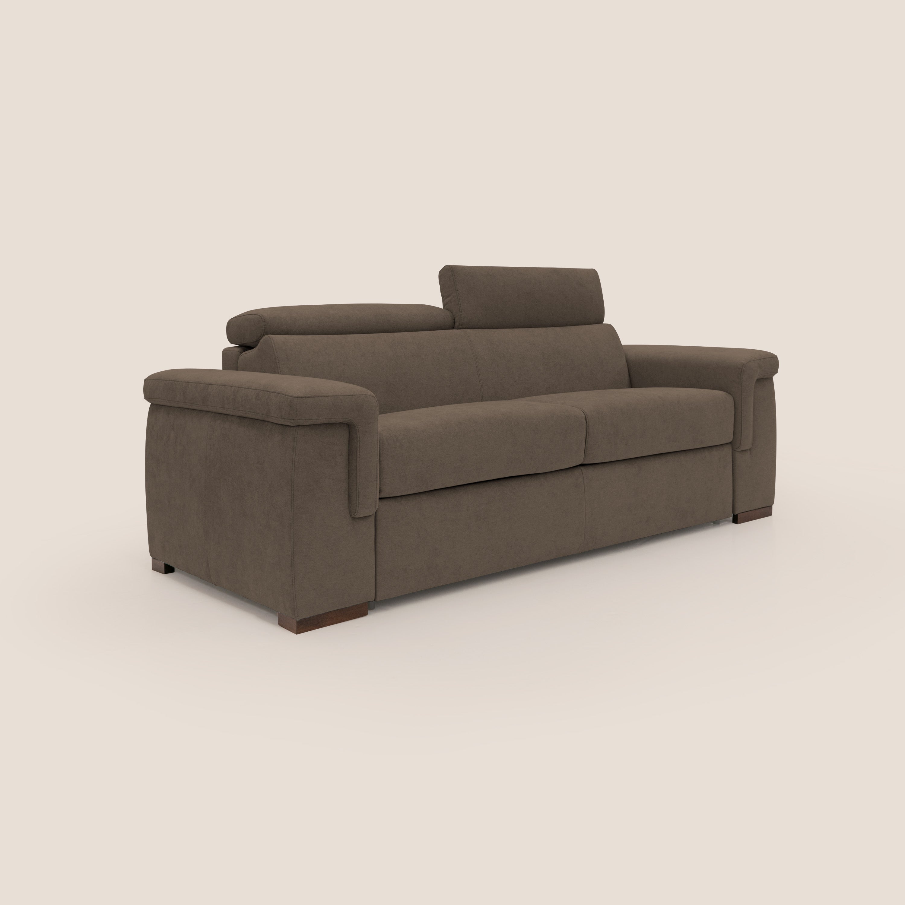 Giunone divano letto con materasso alto 18 cm e poggiatesta reclinabili in tessuto impermeabile T02 marrone - divani.store