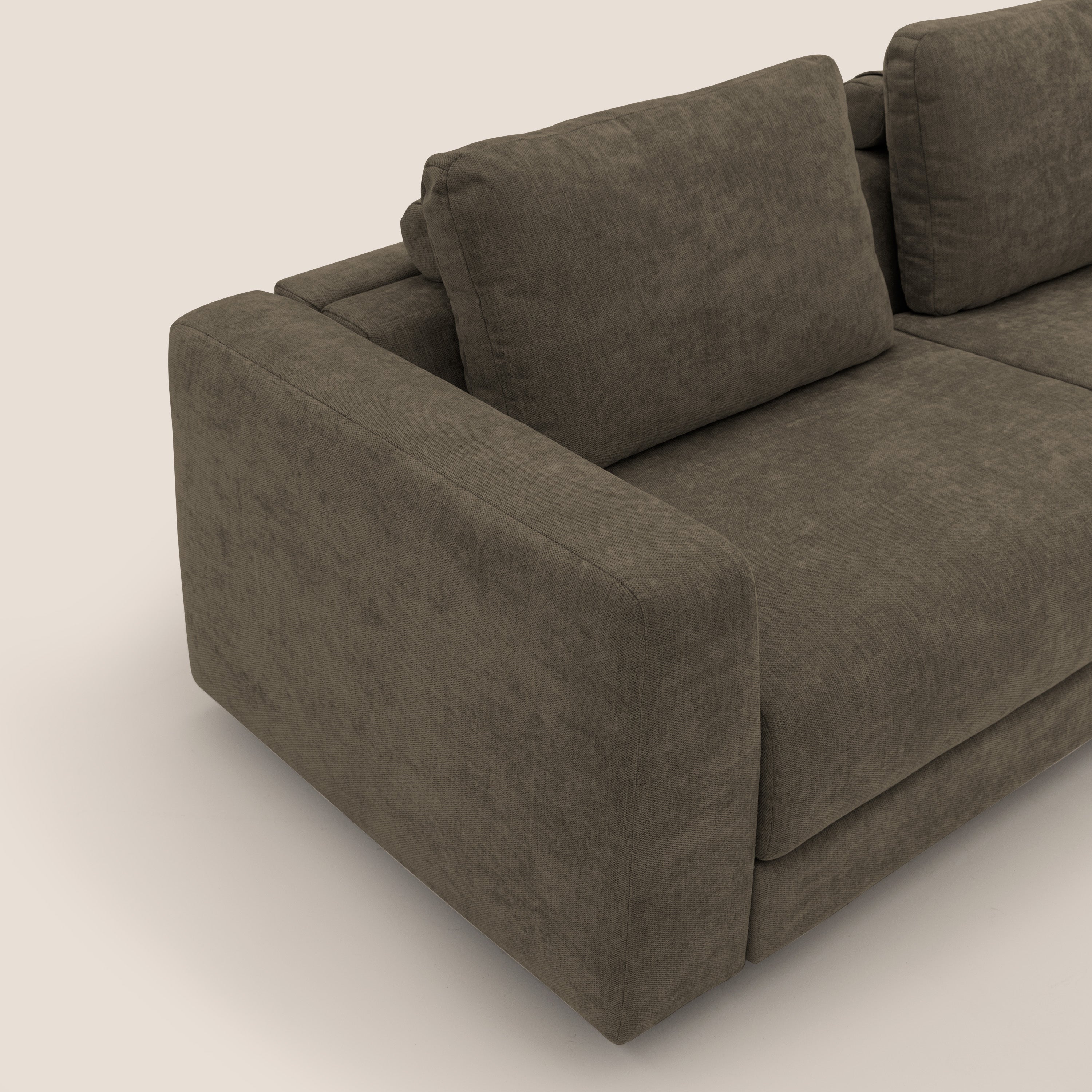 Freia Divano letto minimal materasso h15 cm con morbidi schienali in tessuto impermeabile T14 marrone - divani.store