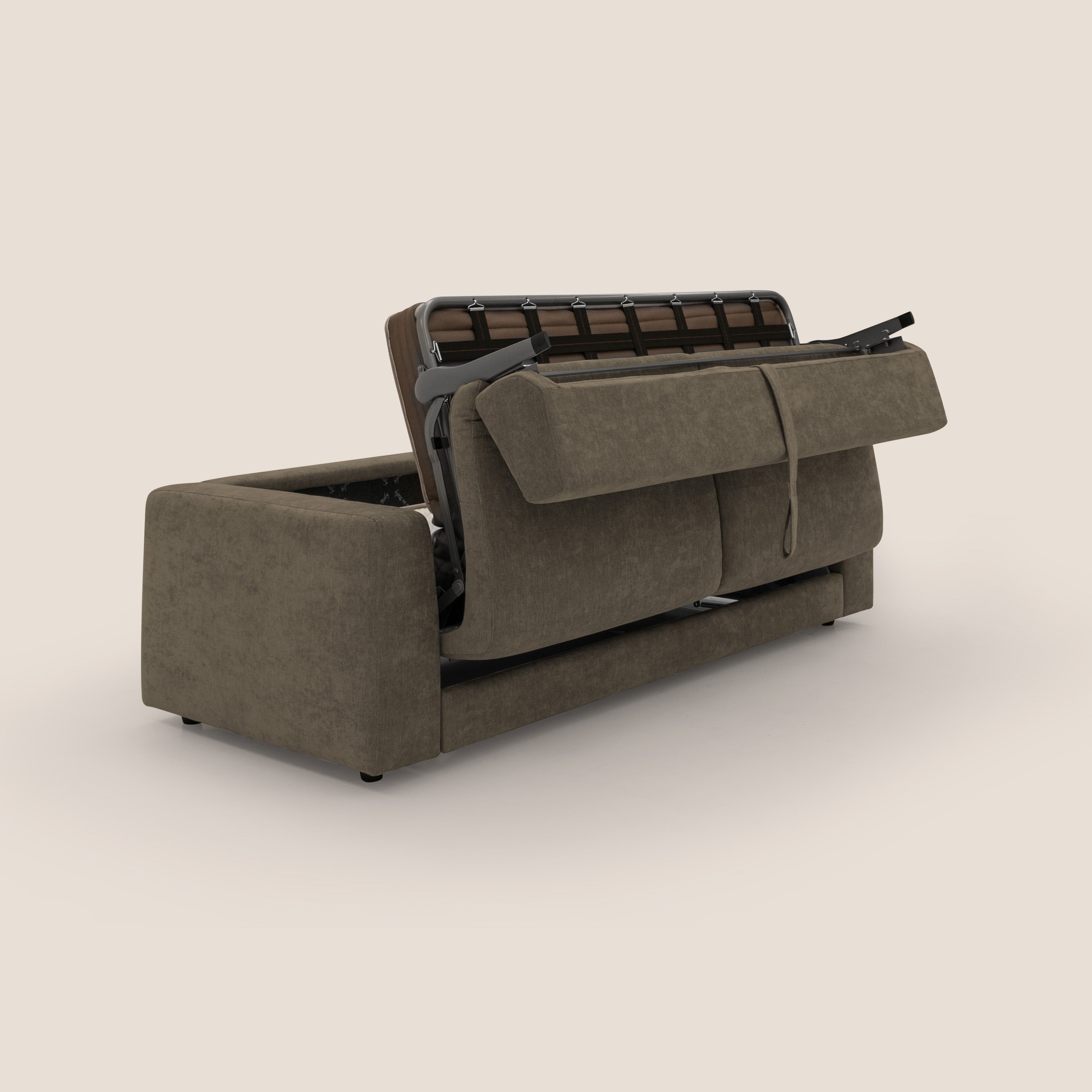 Freia Divano letto minimal materasso h15 cm con morbidi schienali in tessuto impermeabile T14 marrone - divani.store