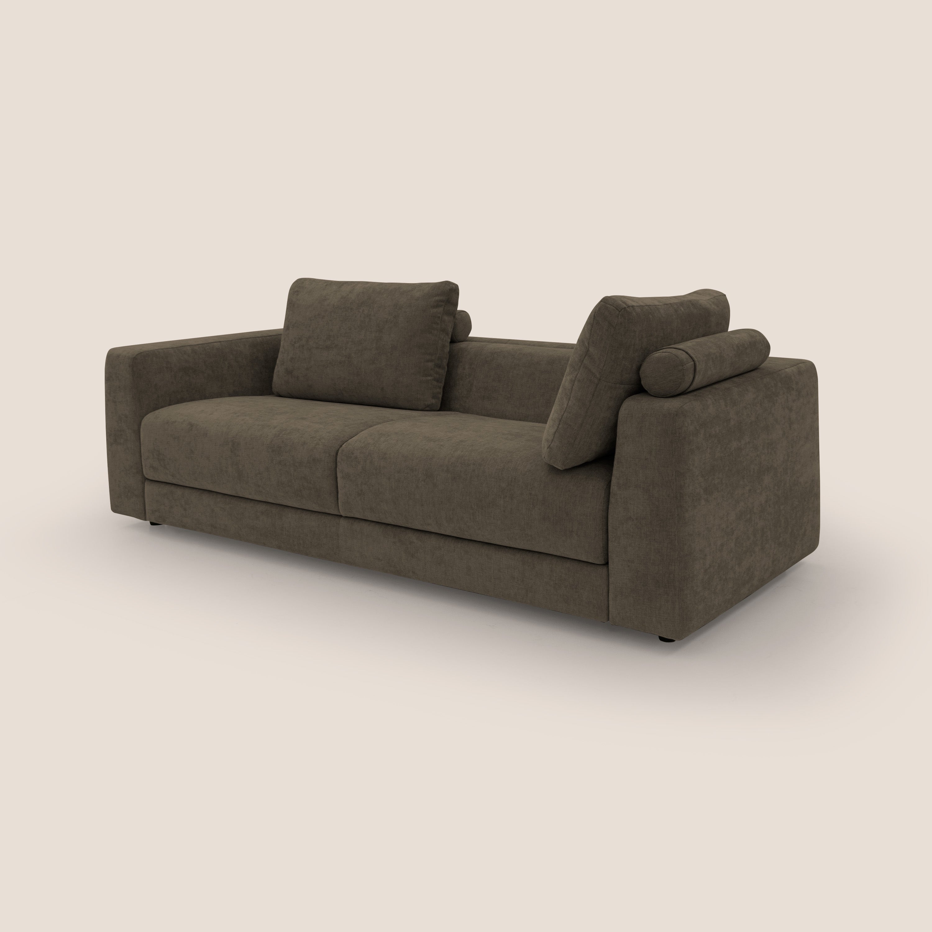 Freia Divano letto minimal materasso h15 cm con morbidi schienali in tessuto impermeabile T14 marrone - divani.store
