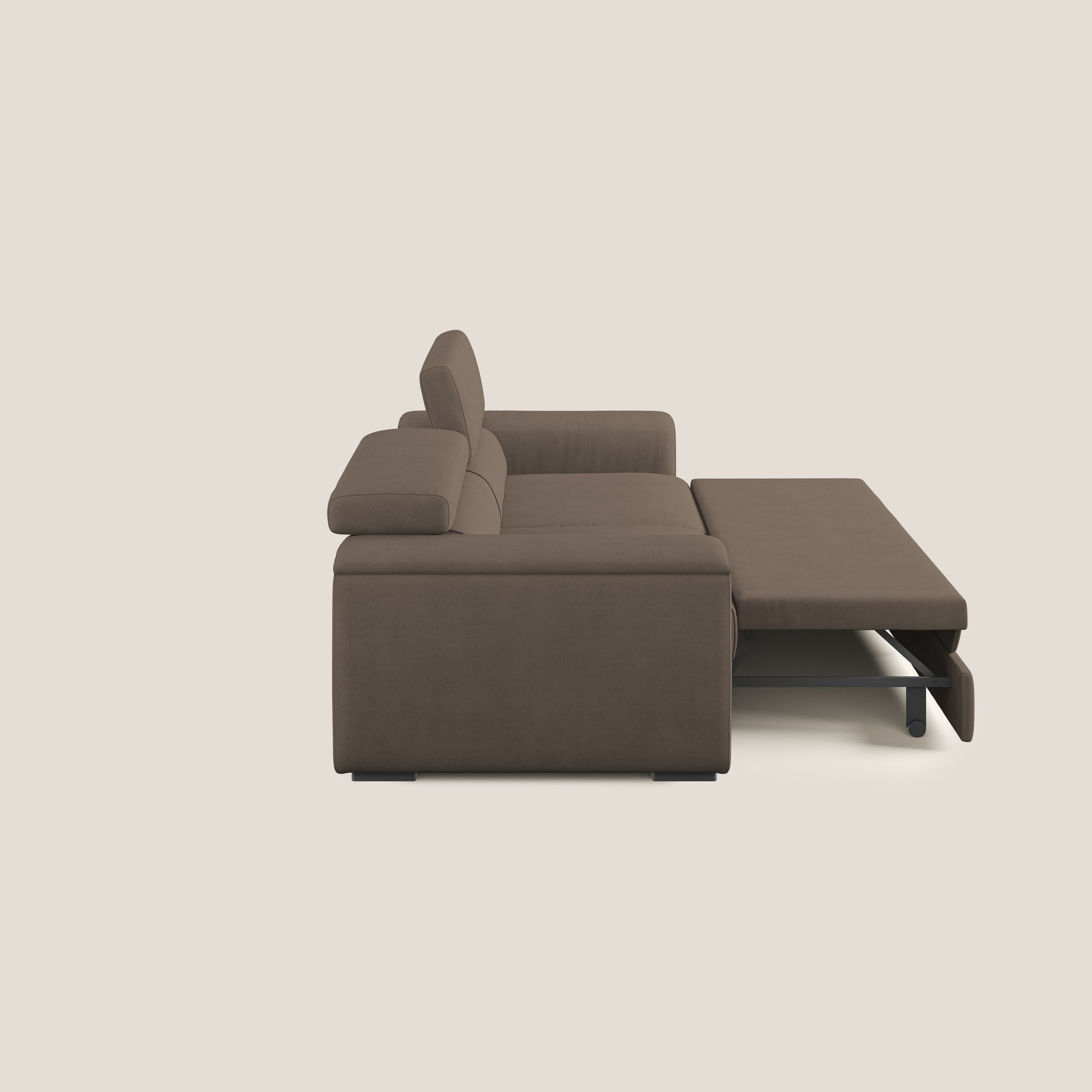 Zeno Divano con pouf estraibile poggiapiedi in tessuto morbido impermeabile T02 marrone - divani.store