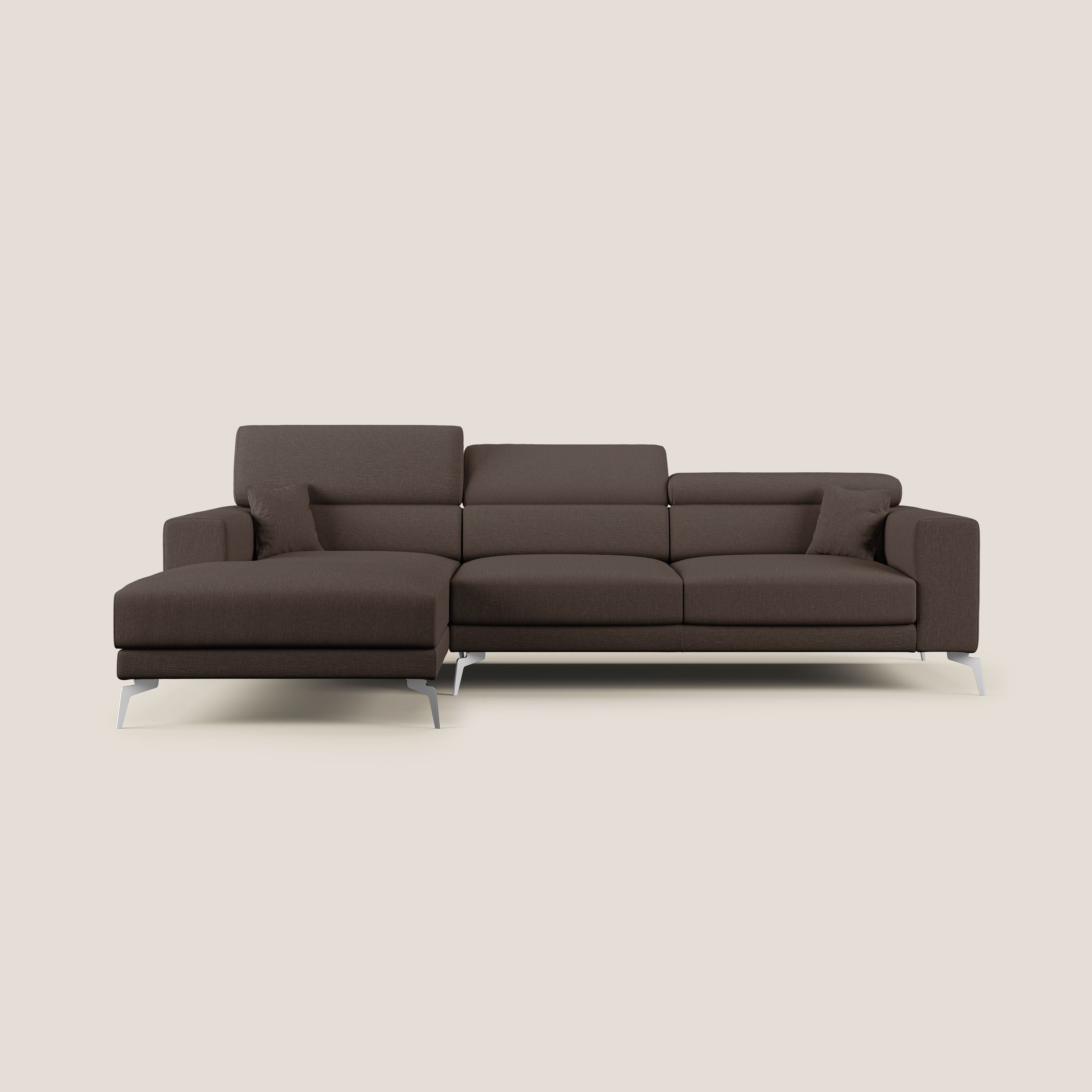 Blade Divano moderno angolare con poggiatesta reclinabili in tessuto impermeabile simil-cotone T13 marrone - divani.store