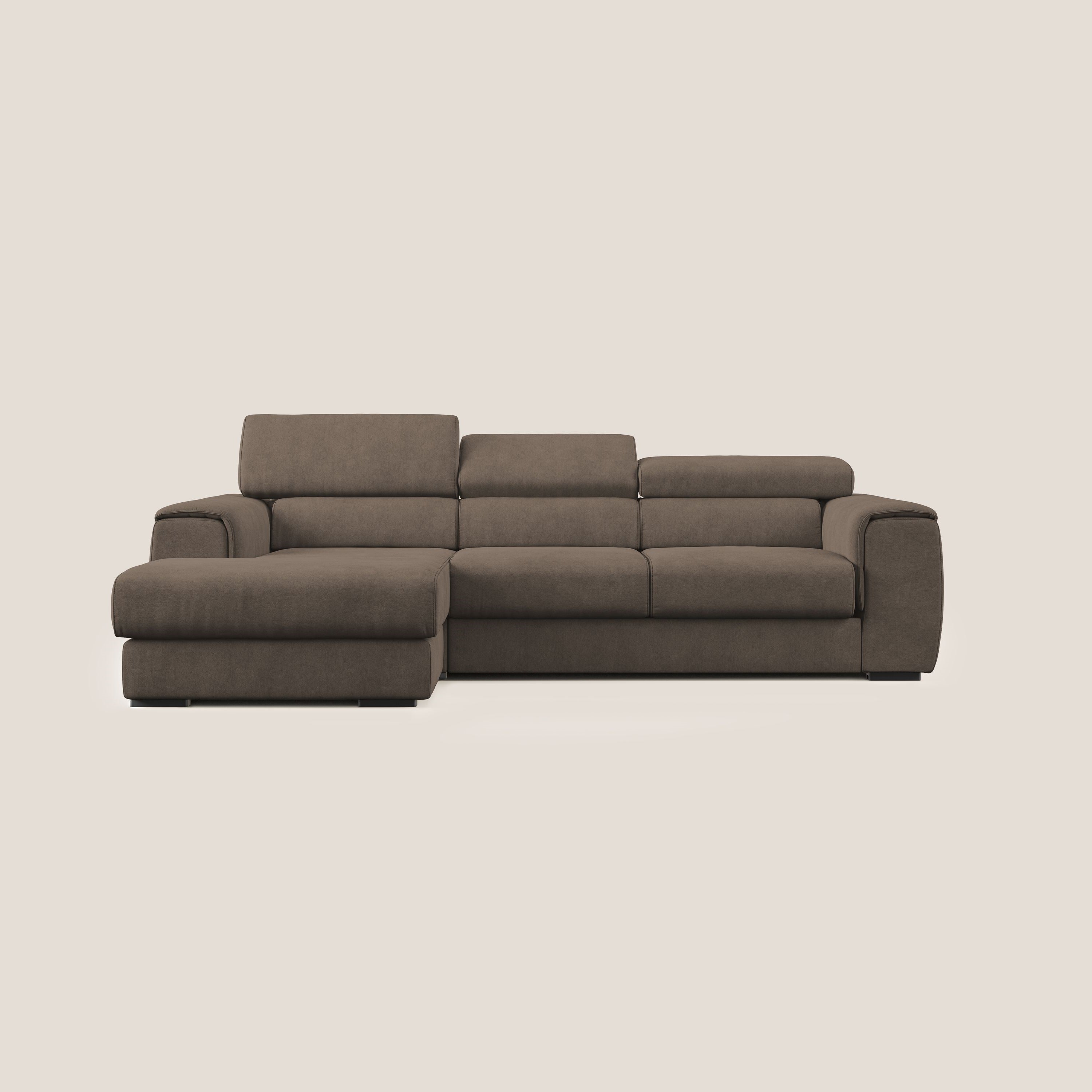 Zeno Divano angolare con pouf estraibile poggiapiedi in tessuto morbido impermeabile T02 marrone - divani.store