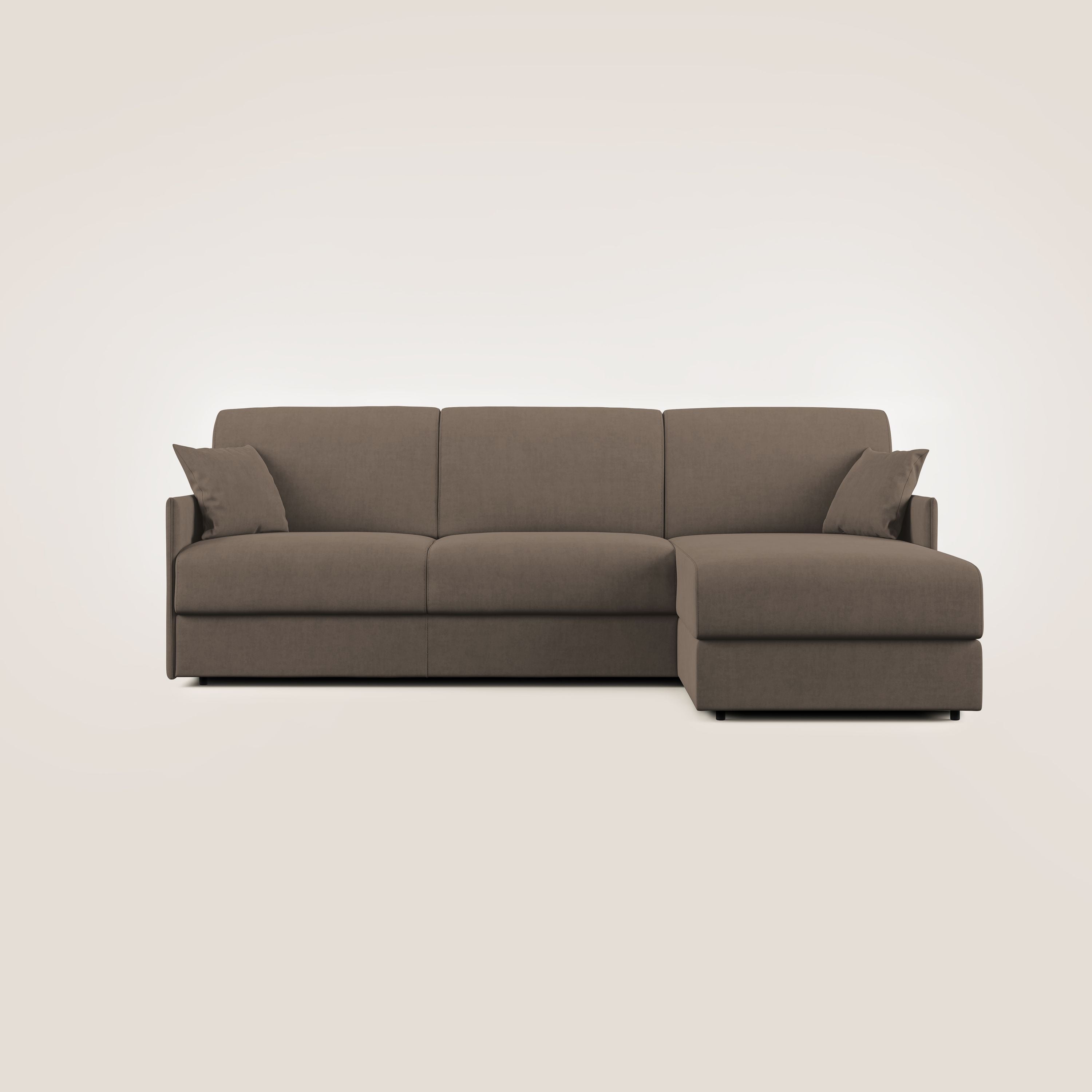 Evans Divano letto angolare con penisola in morbido tessuto impermeabile T02 marrone - divani.store