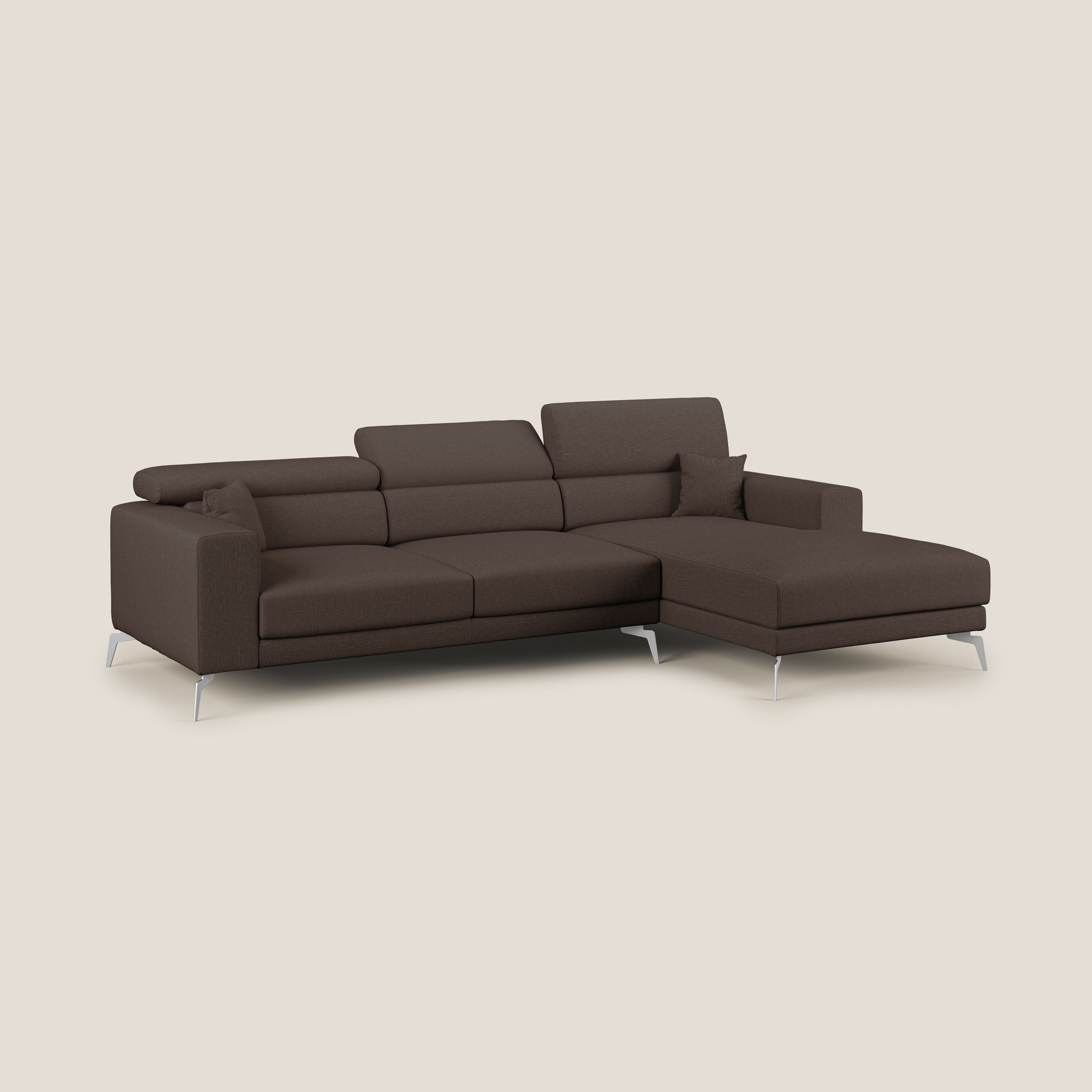 Blade Divano moderno angolare con poggiatesta reclinabili in tessuto impermeabile simil-cotone T13 marrone - divani.store