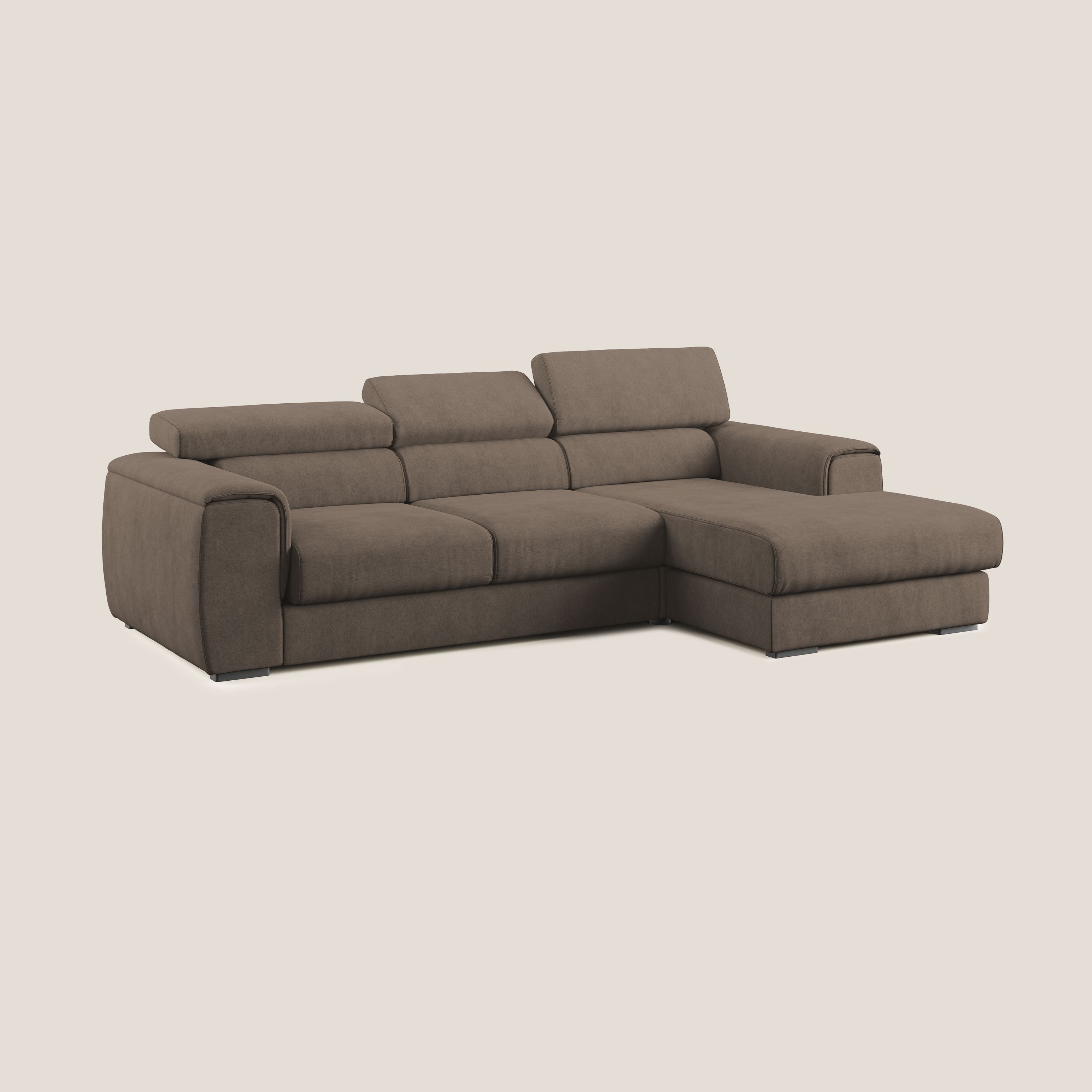 Zeno Divano angolare con pouf estraibile poggiapiedi in tessuto morbido impermeabile T02 marrone - divani.store
