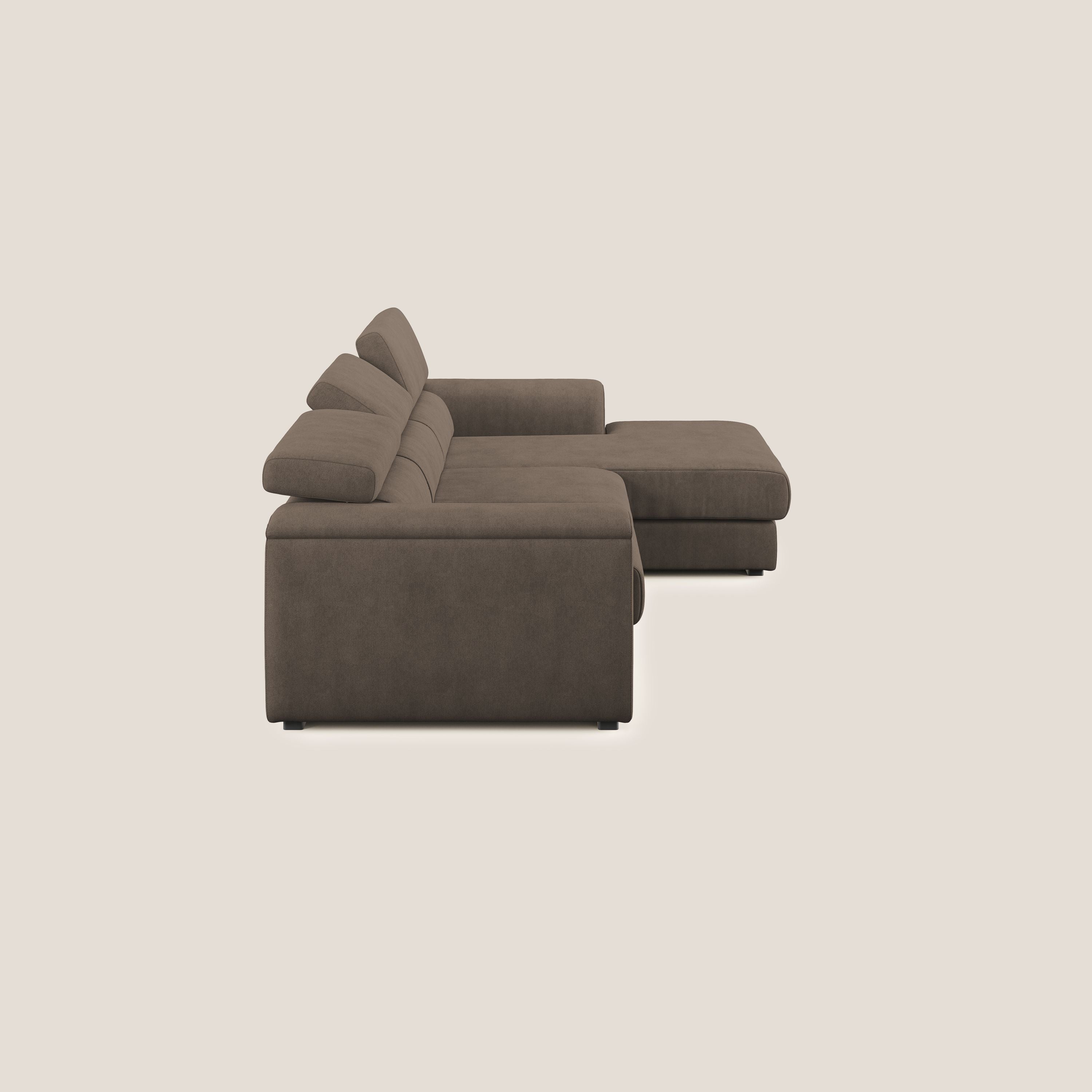 Zeno Divano angolare con pouf estraibile poggiapiedi in tessuto morbido impermeabile T02 marrone - divani.store