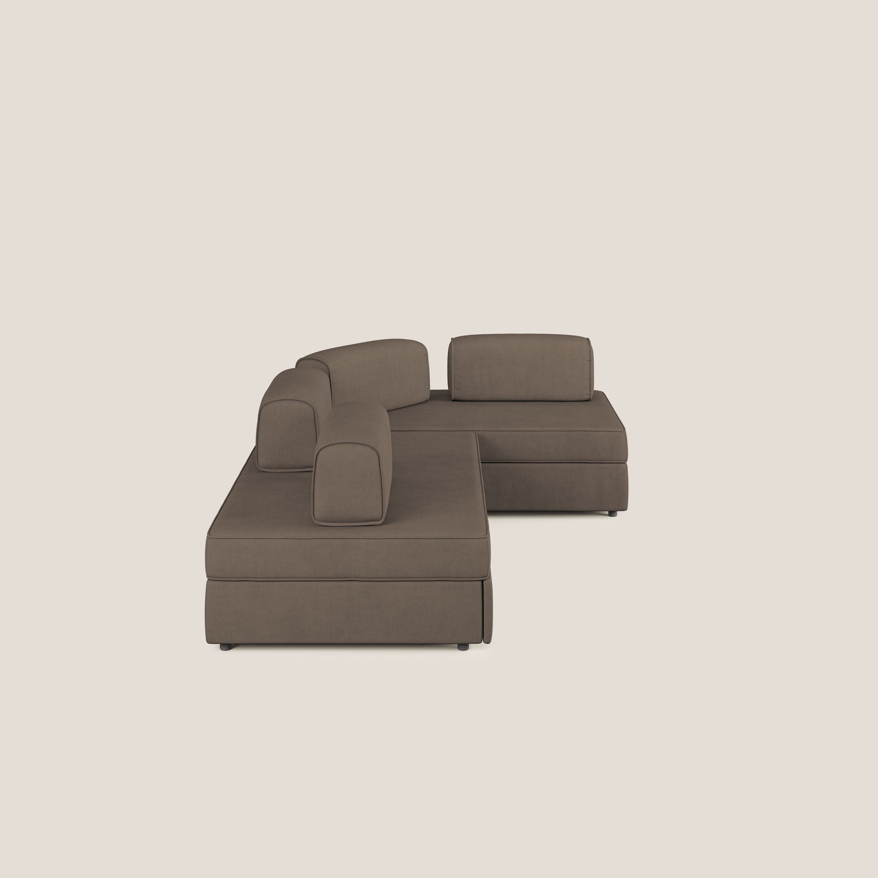 Liberty divano angolare con pouf estraibile e schienali movibili in tessuto morbido impermeabile T02 marrone - divani.store