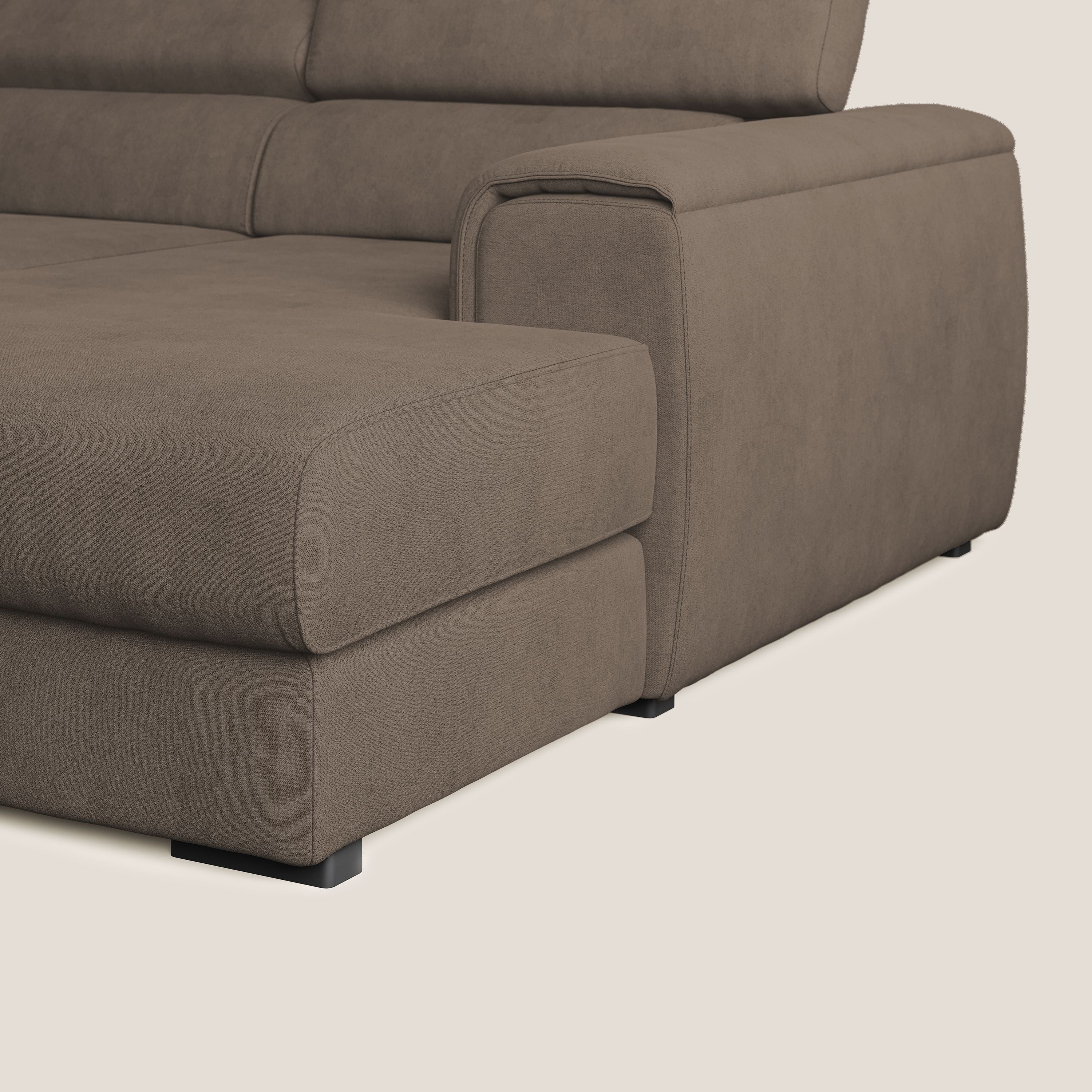 Zeno Divano angolare con pouf estraibile poggiapiedi in tessuto morbido impermeabile T02 marrone - divani.store