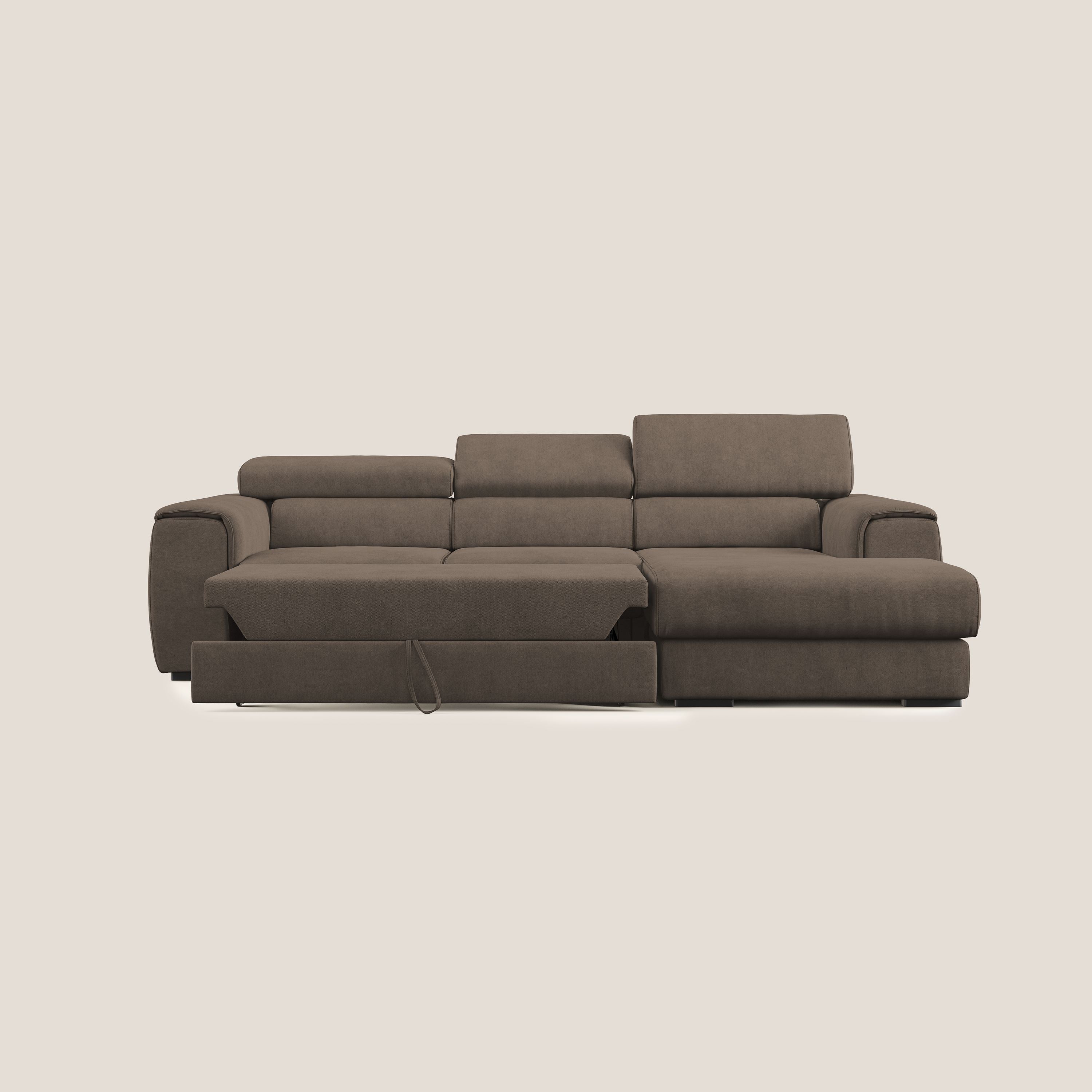 Zeno Divano angolare con pouf estraibile poggiapiedi in tessuto morbido impermeabile T02 marrone - divani.store