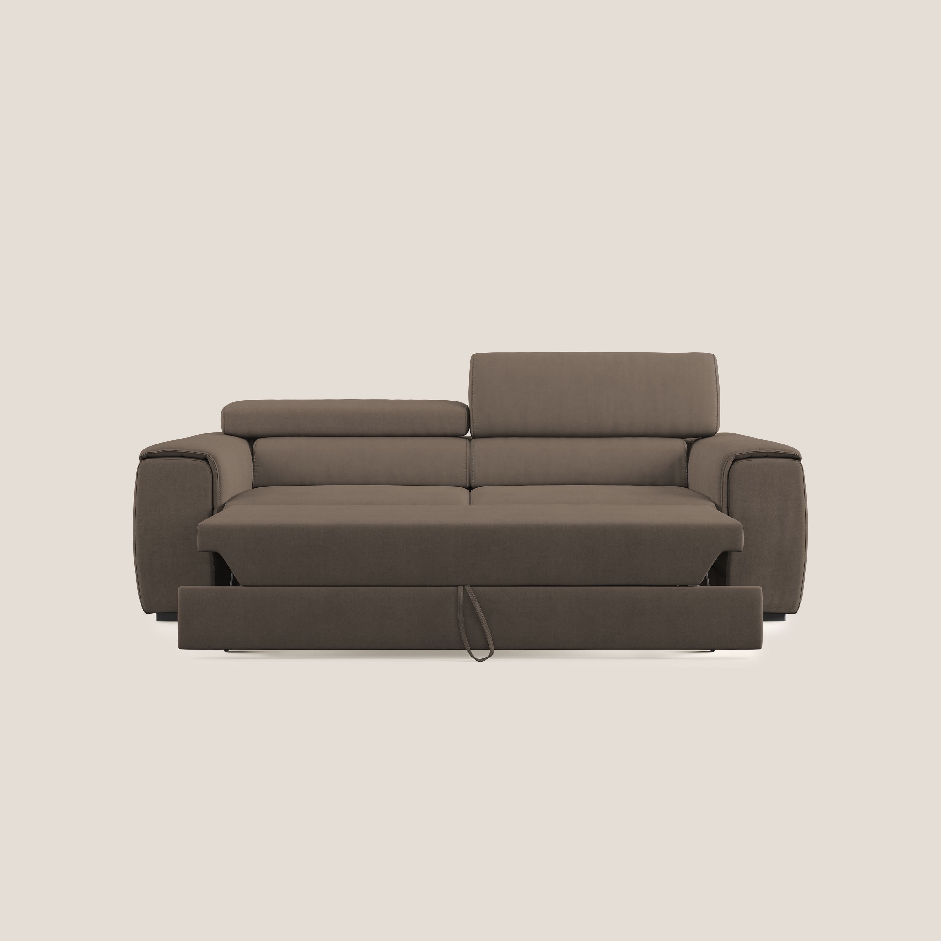 Zeno Divano con pouf estraibile poggiapiedi in tessuto morbido impermeabile T02 marrone - divani.store