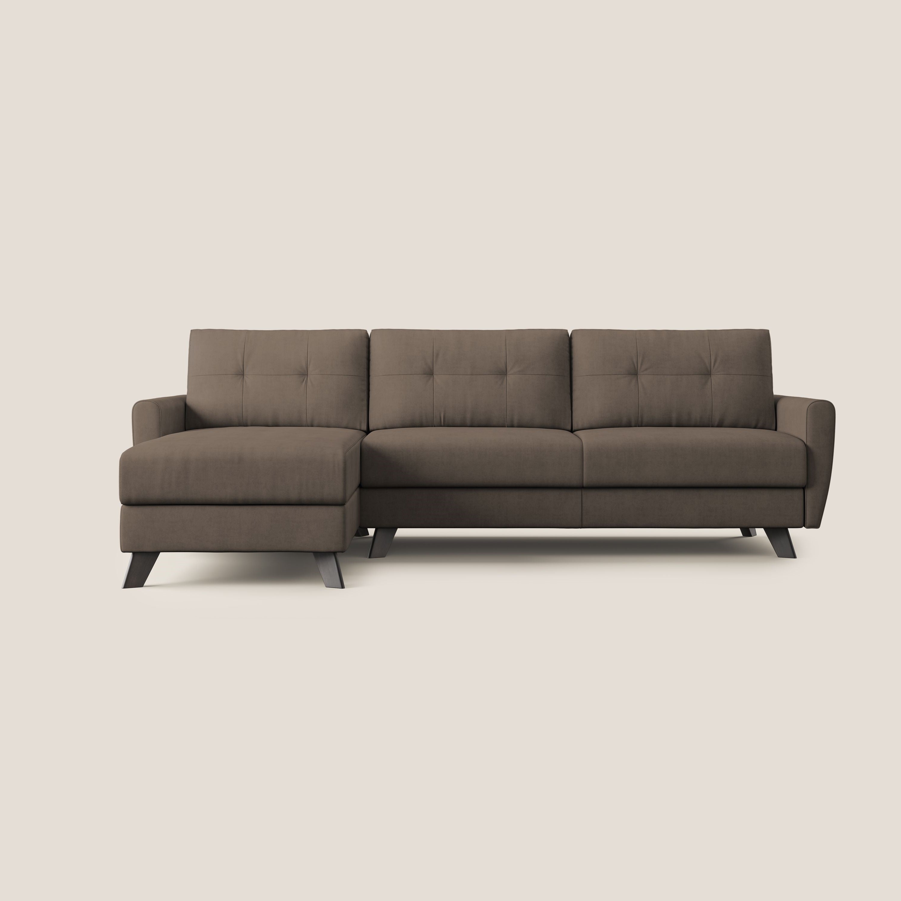 Callisto Divano letto angolare con penisola in tessuto morbido impermeabile T02 marrone - divani.store