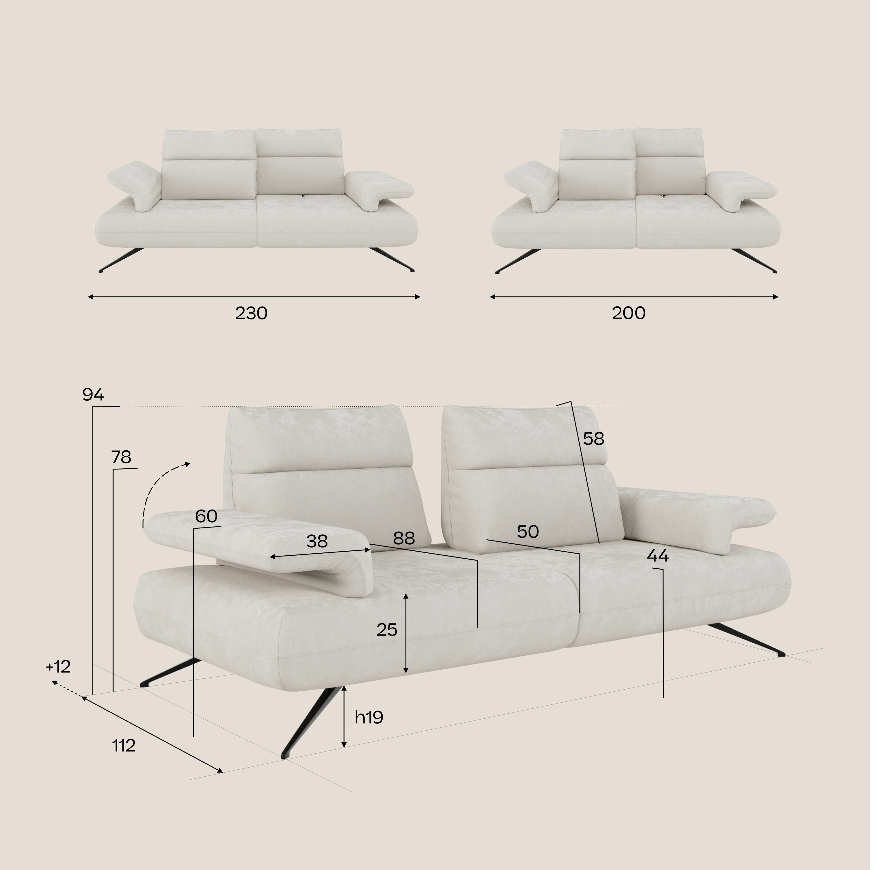 Il divano Aeris 2 e 3 Posti di Divani.Store, in morbido tessuto antimacchia beige chiaro T27, è dotato di gambe in metallo nero. Misure principali: larghezza 230 cm/200 cm, profondità 112 cm, altezza seduta 44 cm, altezza schienale 94 cm e misure dei braccioli indicate.