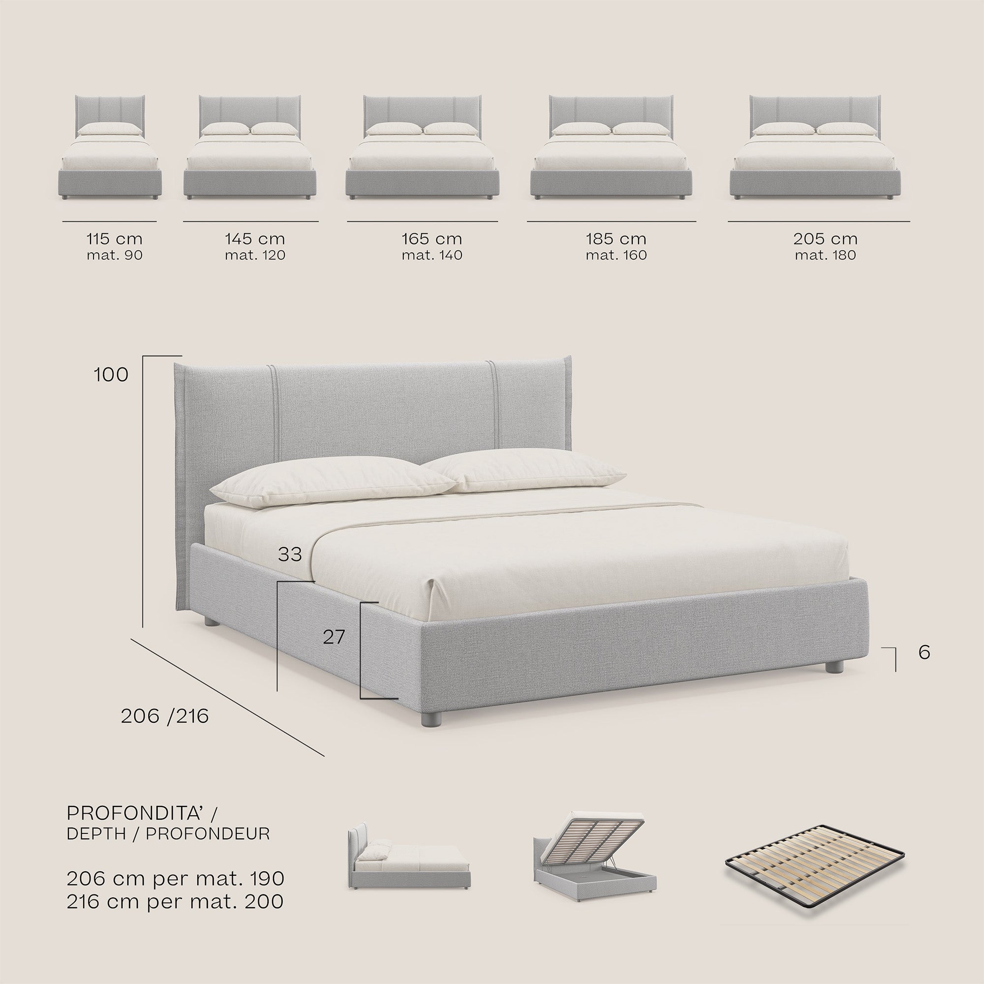 Alicia letto imbottito con vano contenitore in tessuto impermeabile T14 grigio chiaro - divani.store