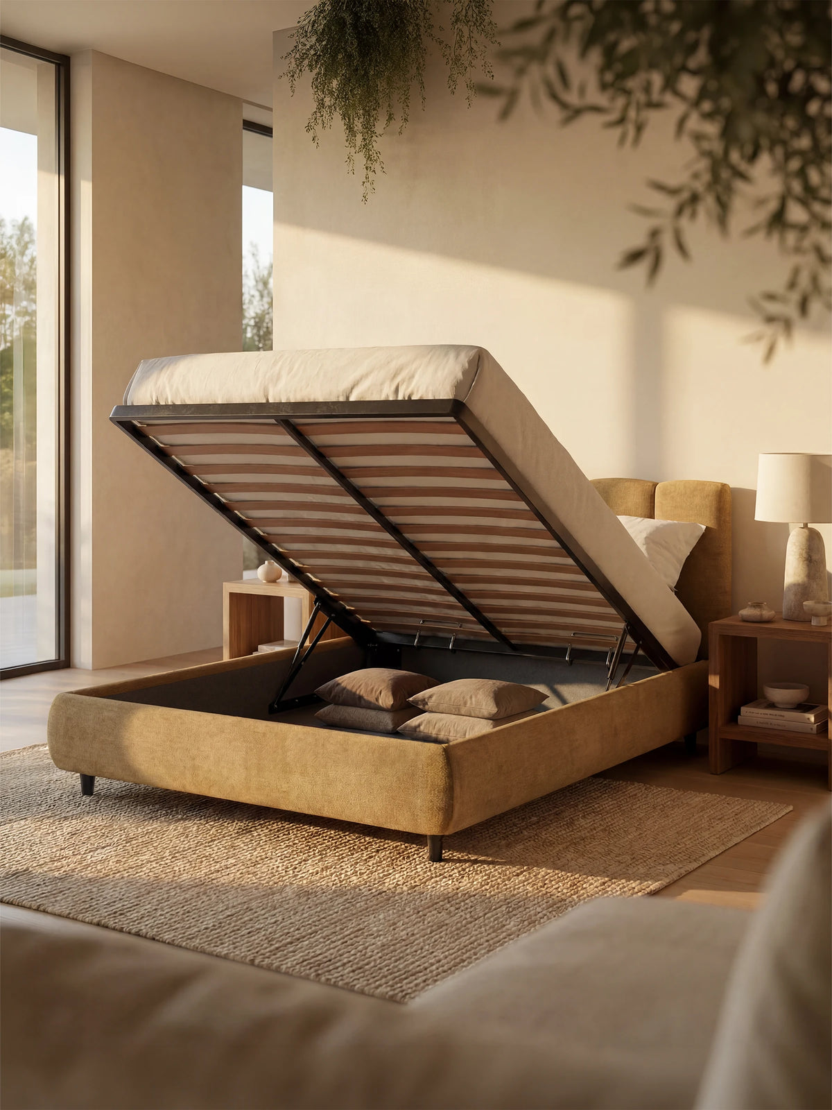 Una camera da letto moderna mette in risalto il letto imbottito ARKAM con vano contenitore e testiera a lavorazione verticale di Letti.store: il rivestimento color cuoio certificato Oeko-Tex® e la morbida testiera imbottita con cuciture verticali aggiungono un tocco di eleganza in stile shabby chic. Il vano contenitore a ribalta si apre rivelando cuscini disposti con cura. La calda luce del sole filtra dalle ampie finestre e illumina i comodini in legno con le lampade, un tappeto beige e rigogliose piante