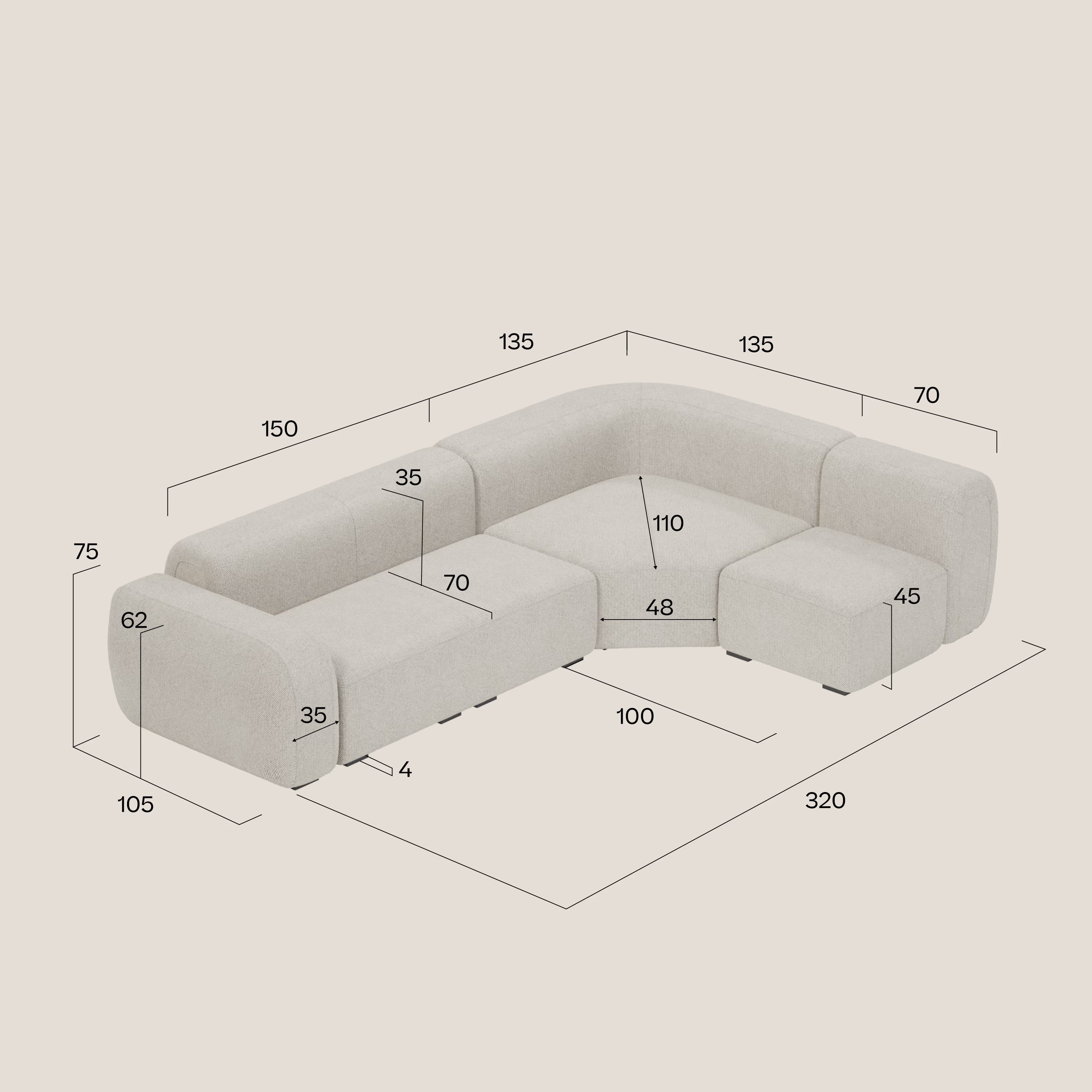 BonBon divano angolare componibile e modulare - tessuto smacchiabile T23 beige