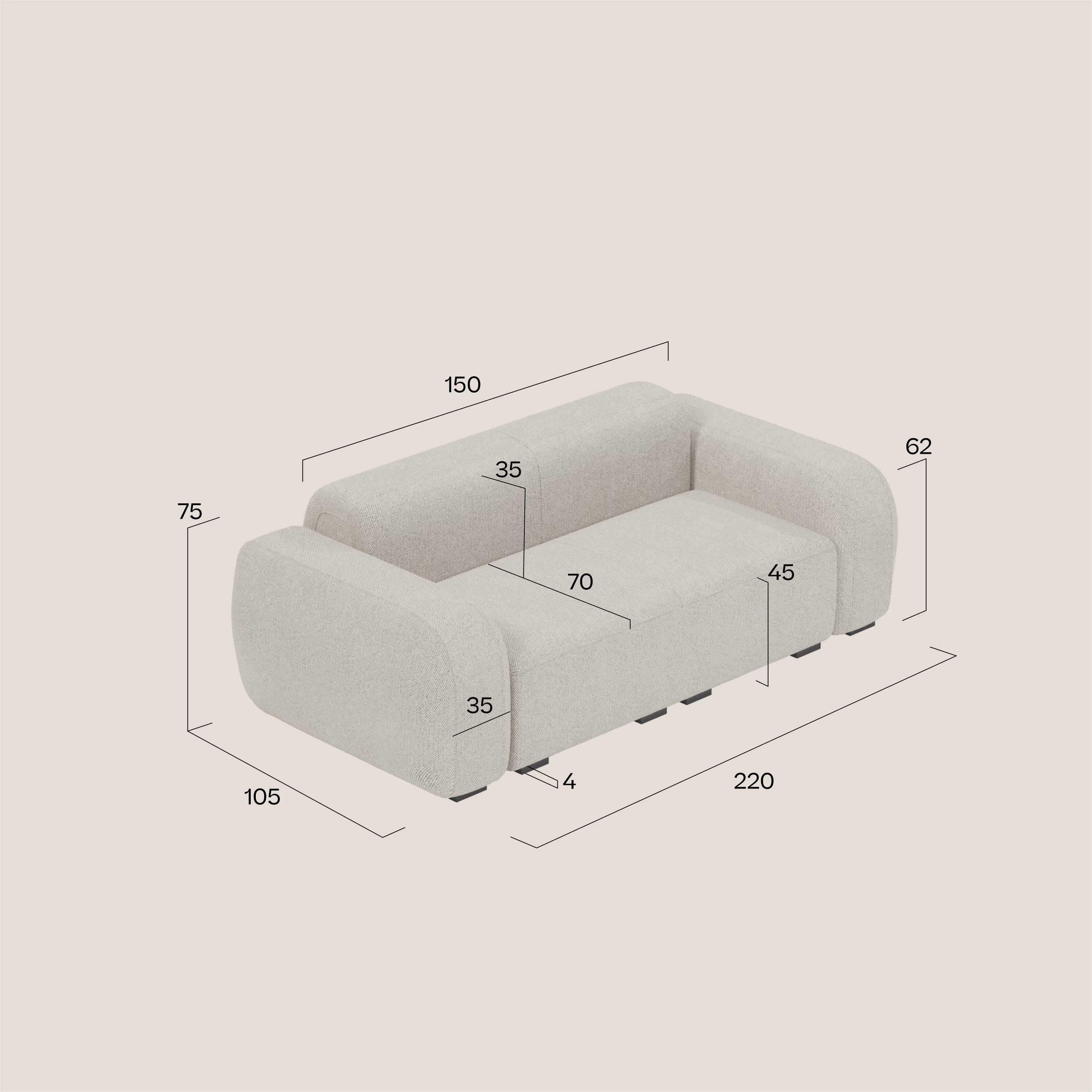 BonBon Divano modulare Lineare 220 – Seduta unica in tessuto smacchiabile T23 beige