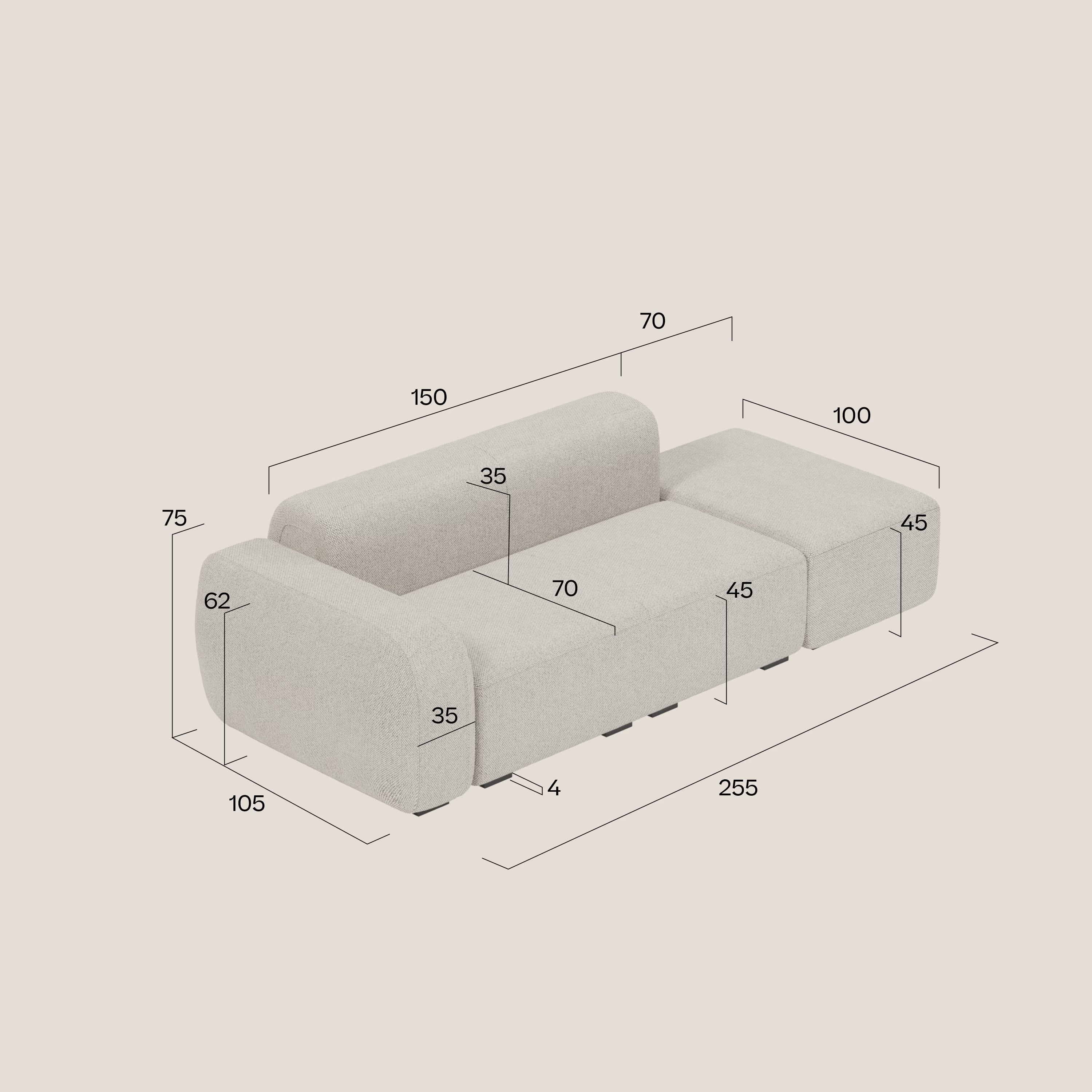 BonBon Divano modulare componibile – Composizione con pouf terminale in tessuto smacchiabile T23 beige