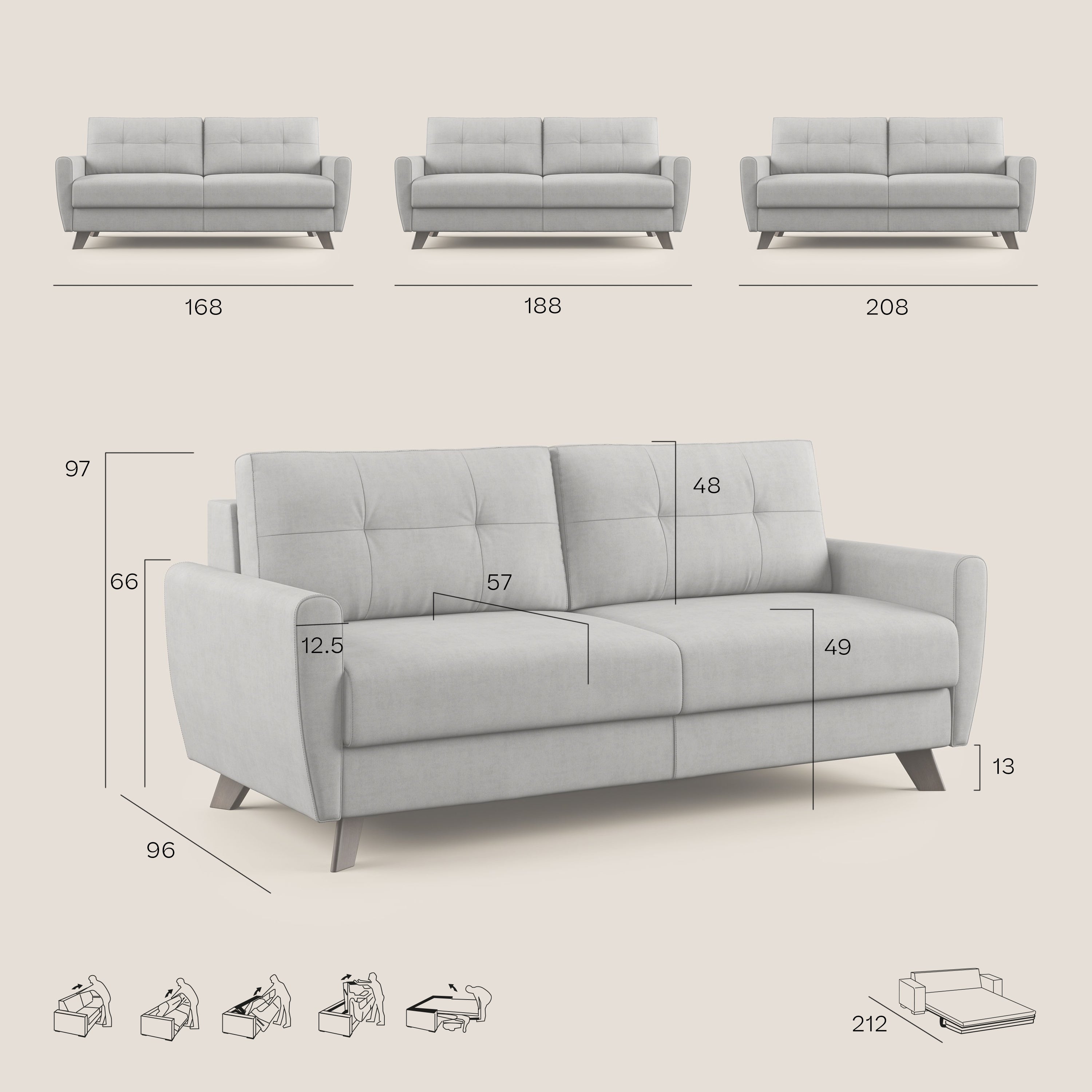 Callisto Divano letto matrimoniale in tessuto morbido impermeabile T02 grigio - divani.store