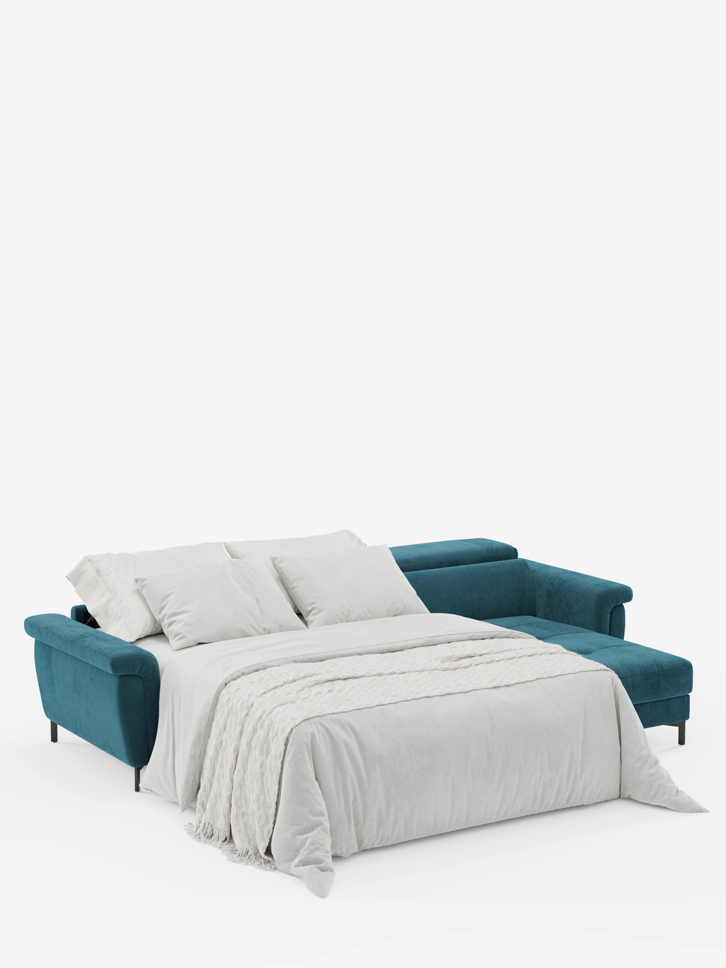 Il divano letto angolare Capri con penisola contenitore e poggiatesta reclinabili di Divani.Store, rivestito in un elegante tessuto T30 color verde acqua resistente alle macchie, si trasforma in un letto con un piumone beige chiaro e due cuscini disposti contro lo schienale. Sullo sfondo bianco a tinta unita, il design moderno e accogliente di questo divano letto con penisola risalta ancora di più.