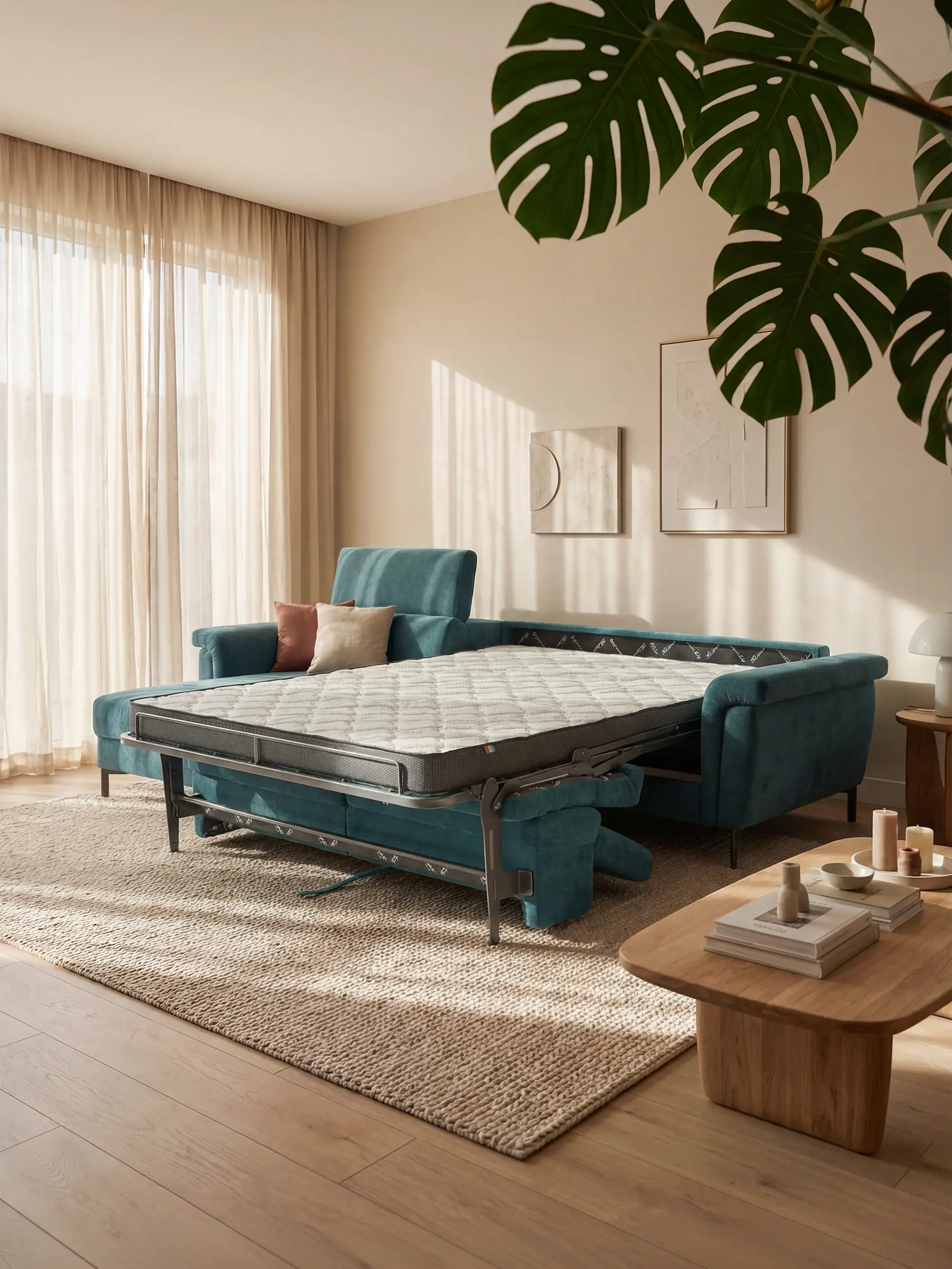 Capri Divano letto angolare con penisola contenitore e poggiatesta reclinabili - elegante tessuto smacchiabile T30