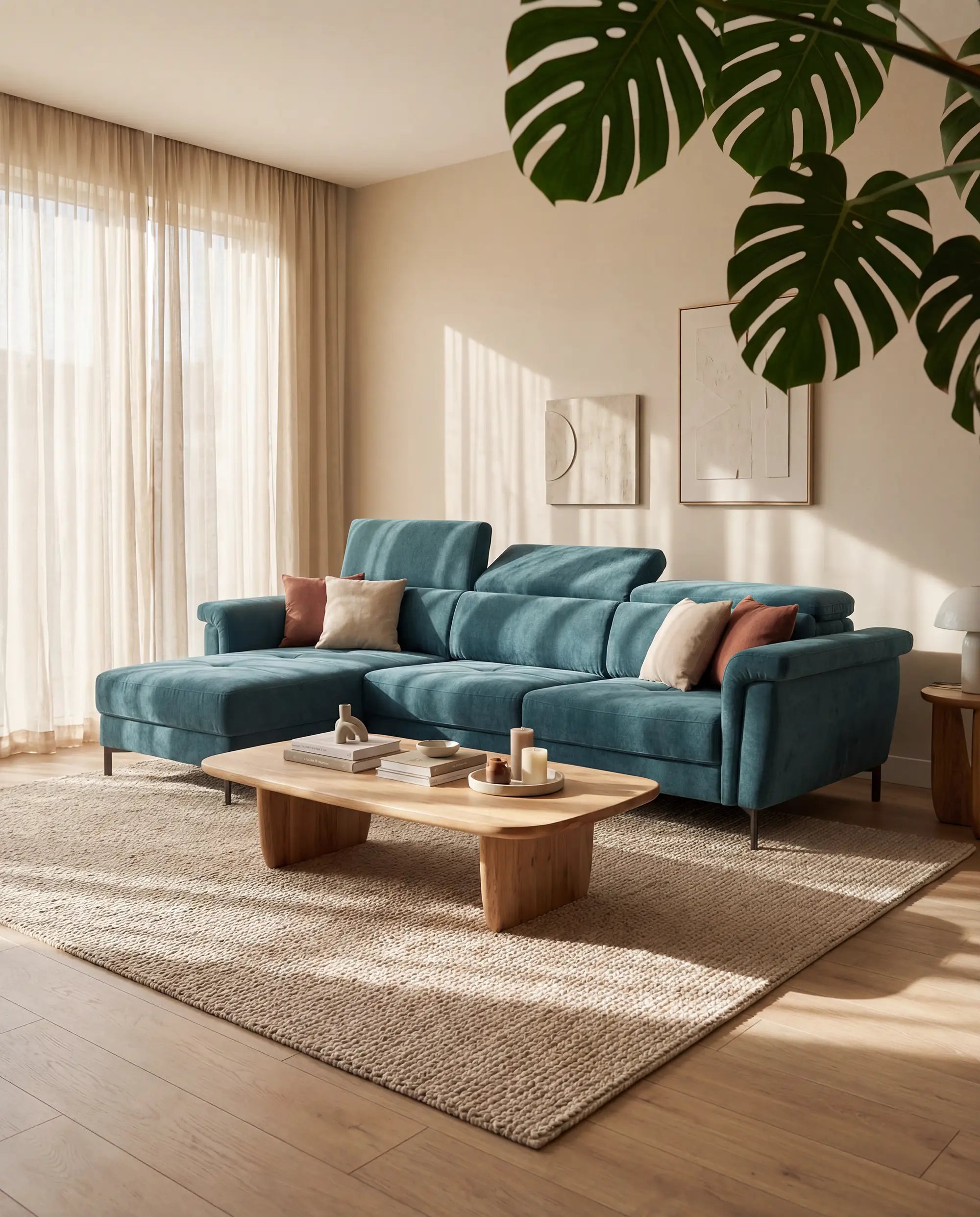Un soggiorno moderno arredato con il divano letto angolare Capri con penisola contenitore e poggiatesta reclinabili di Divani.Store, color verde acqua, impreziosito da cuscini decorativi dai toni neutri. Un tavolino in legno poggia su un tappeto intrecciato, mentre la luce del sole filtra attraverso le tende trasparenti. Opere d’arte minimaliste decorano le pareti beige e una pianta rigogliosa aggiunge un tocco di verde all’ambiente.