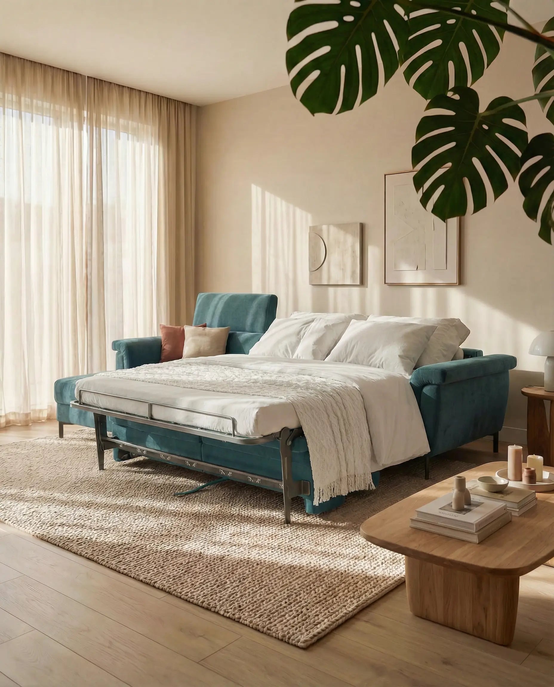 Capri Divano letto angolare con penisola contenitore e poggiatesta reclinabili - elegante tessuto smacchiabile T30