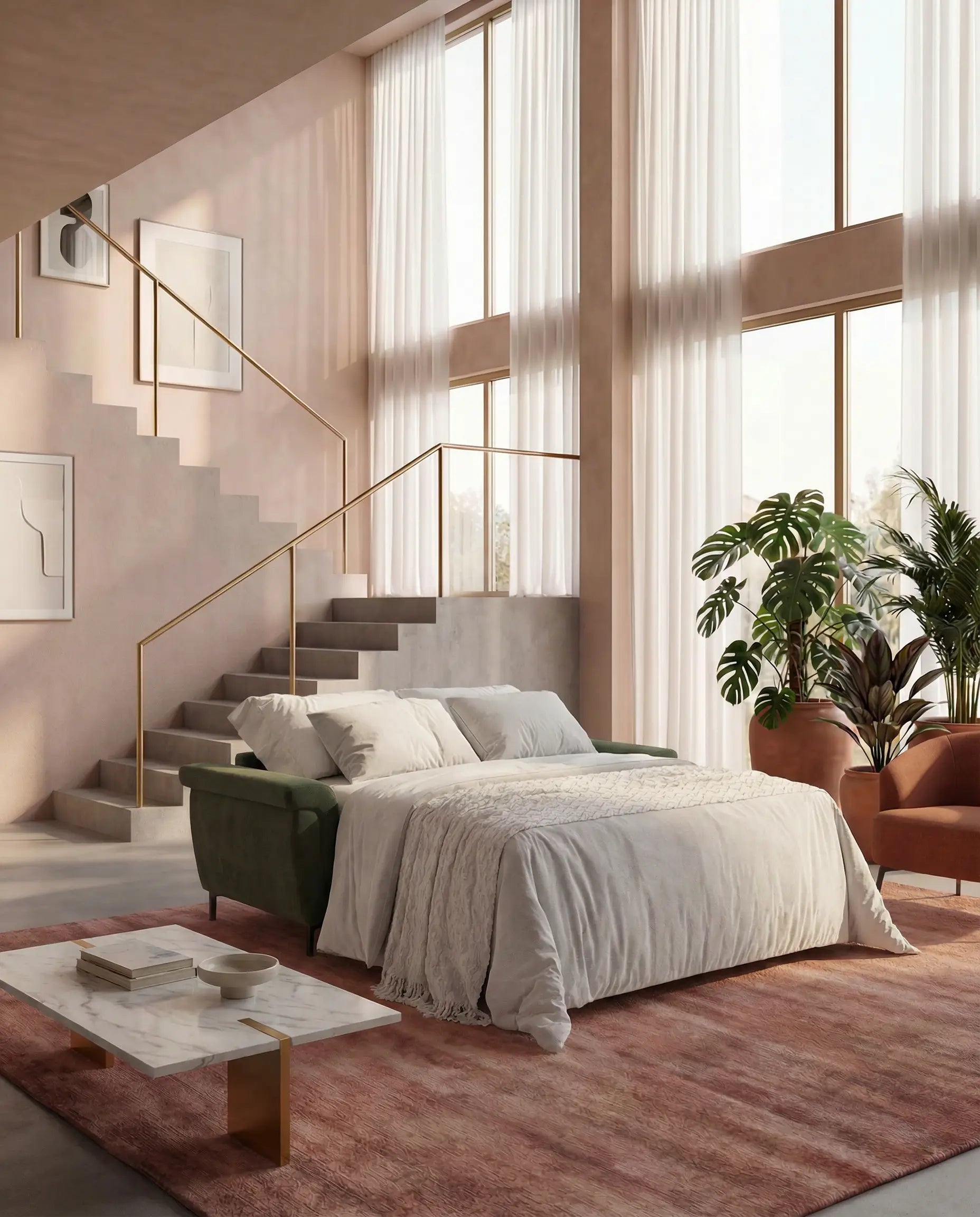 Capri divano letto di design con piedini alti - poggiatesta reclinabili in raffinato tessuto effetto velluto smacchiabile T30