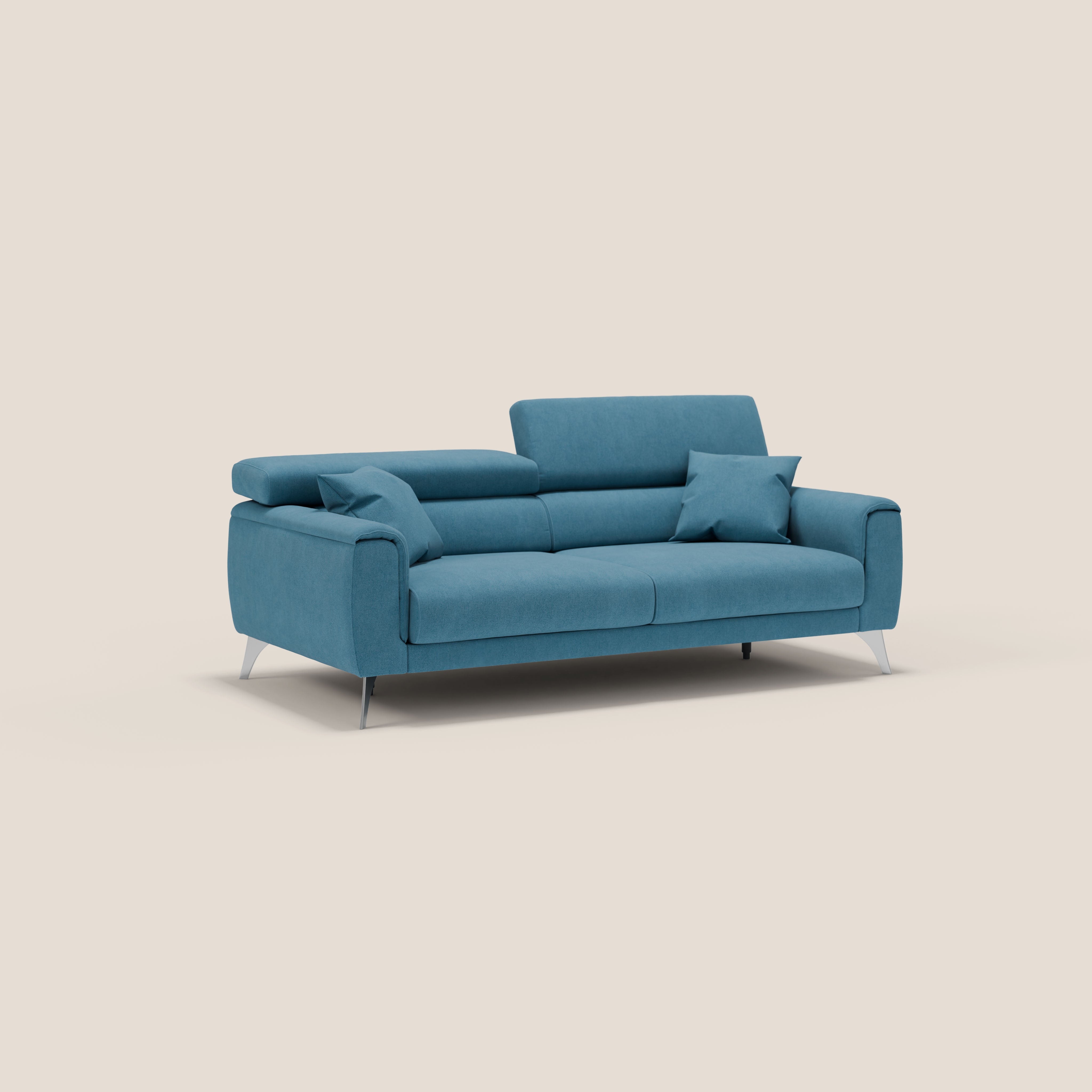 Caravaggio divano con sedute allungabili e poggiatesta reclinabili in tessuto impermeabile T02 azzurro - divani.store