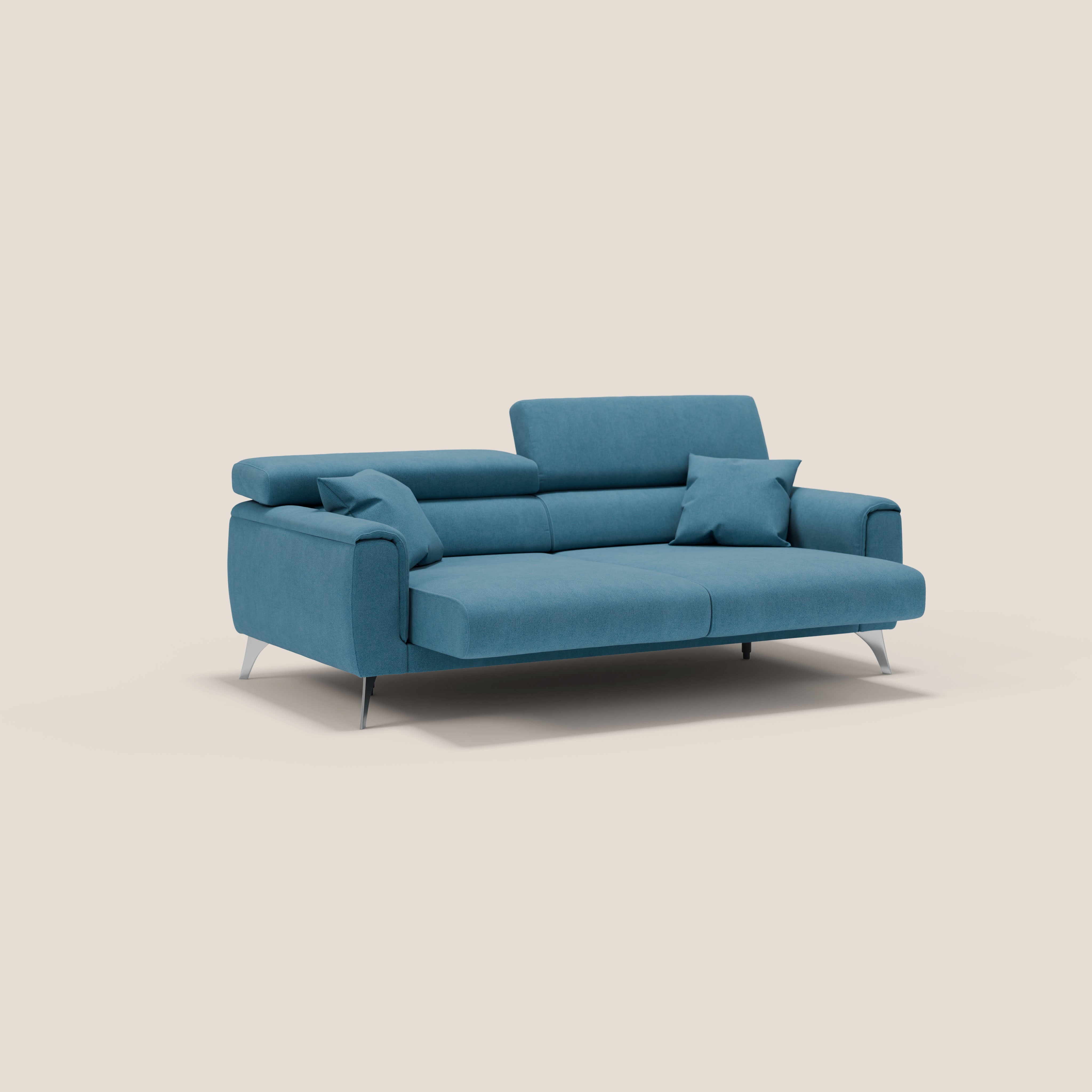 Caravaggio divano con sedute allungabili e poggiatesta reclinabili in tessuto impermeabile T02 azzurro - divani.store