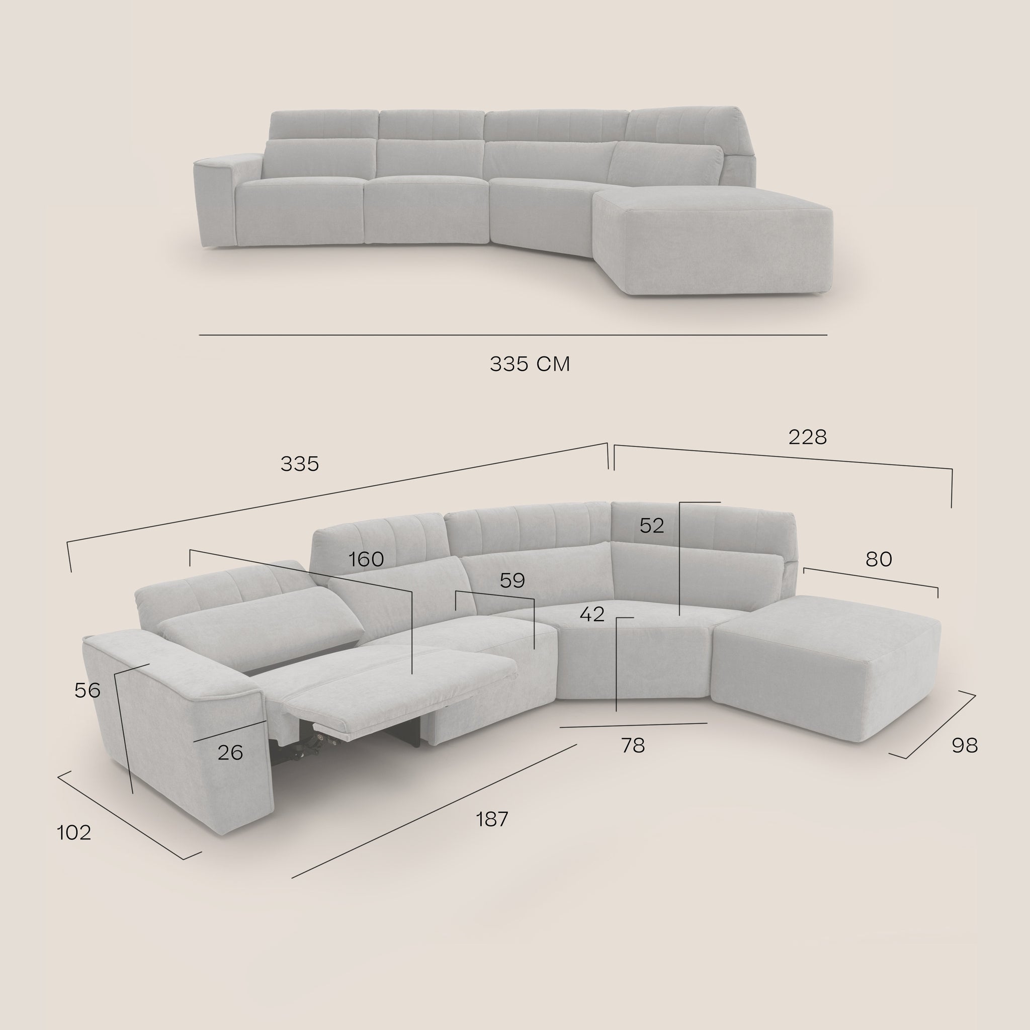 Clark Divano angolare con relax elettrico in tessuto smacchiabile impermeabile T17 GRIGIO