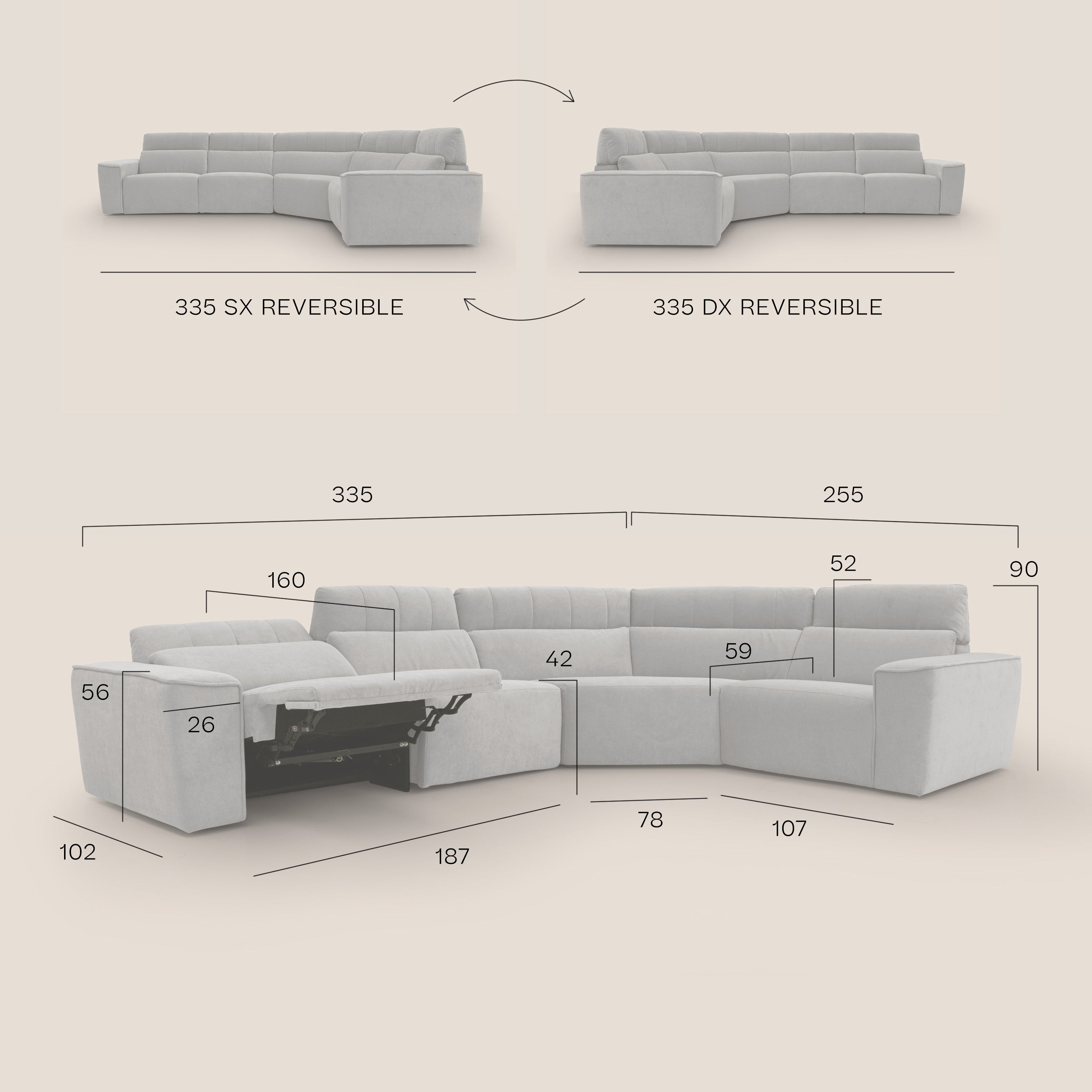 Clark Divano modulare angolare REVERSIBILE con opzione relax elettrico in tessuto smacchiabile impermeabile T17 grigio - divani.store