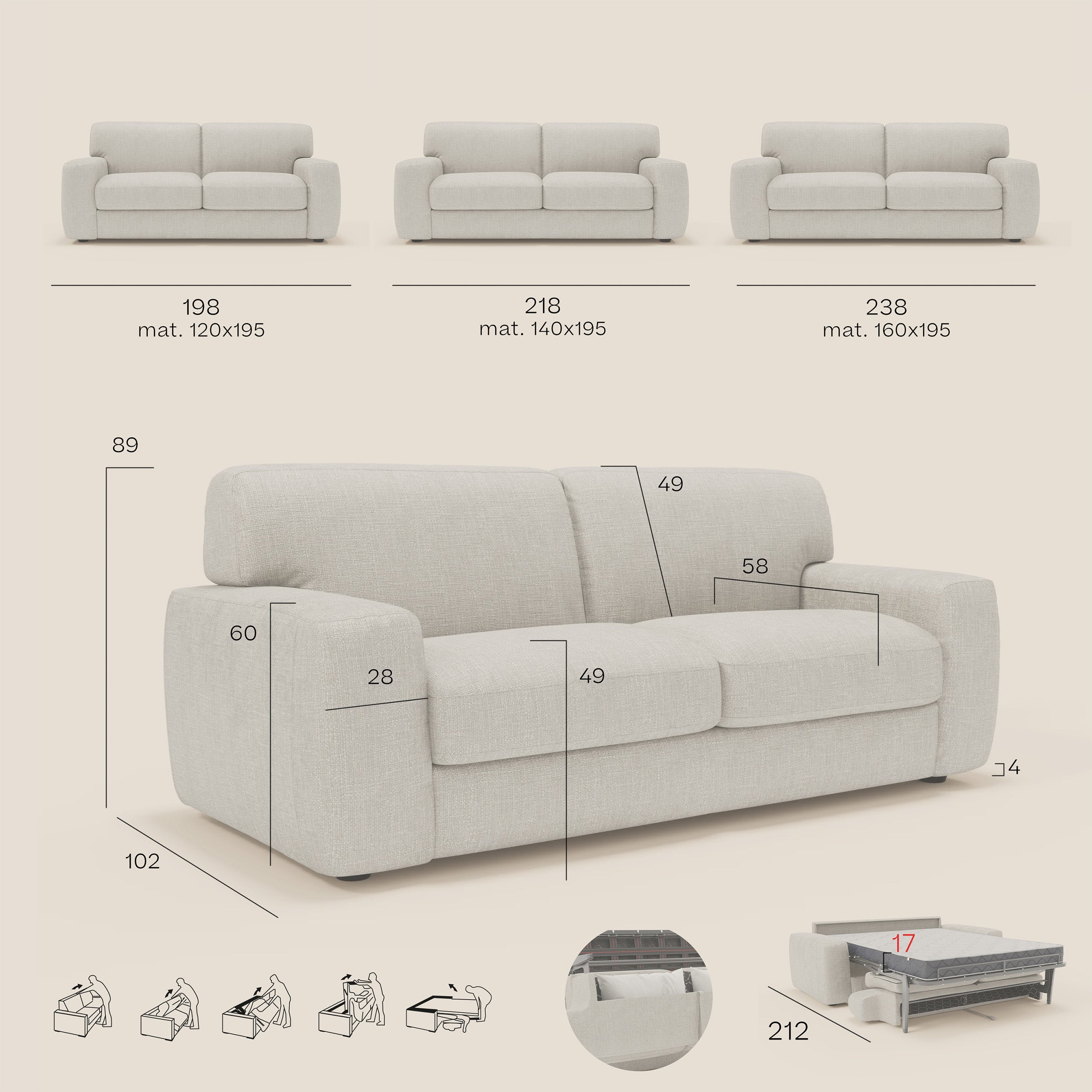 Cloud Divano letto materasso H17 cm dai morbidi cuscini in tessuto impermeabile T06 ghiaccio