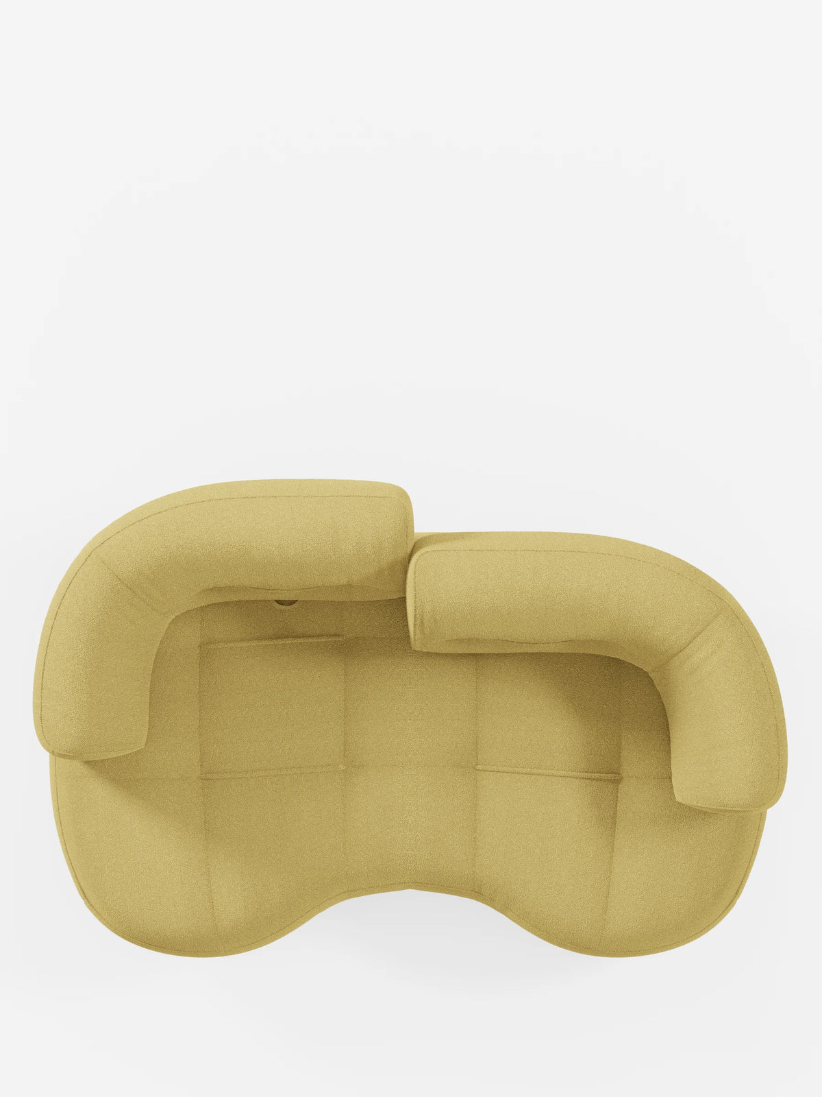 Una vista dall'alto del divano Curvo a fagiolo Croissant a 3 posti con schienali traslanti in morbido tessuto effetto cotone smacchiabile T33, un divano a forma di fagiolo di colore giallo tenue con schienali modulari asimmetrici su sfondo bianco.