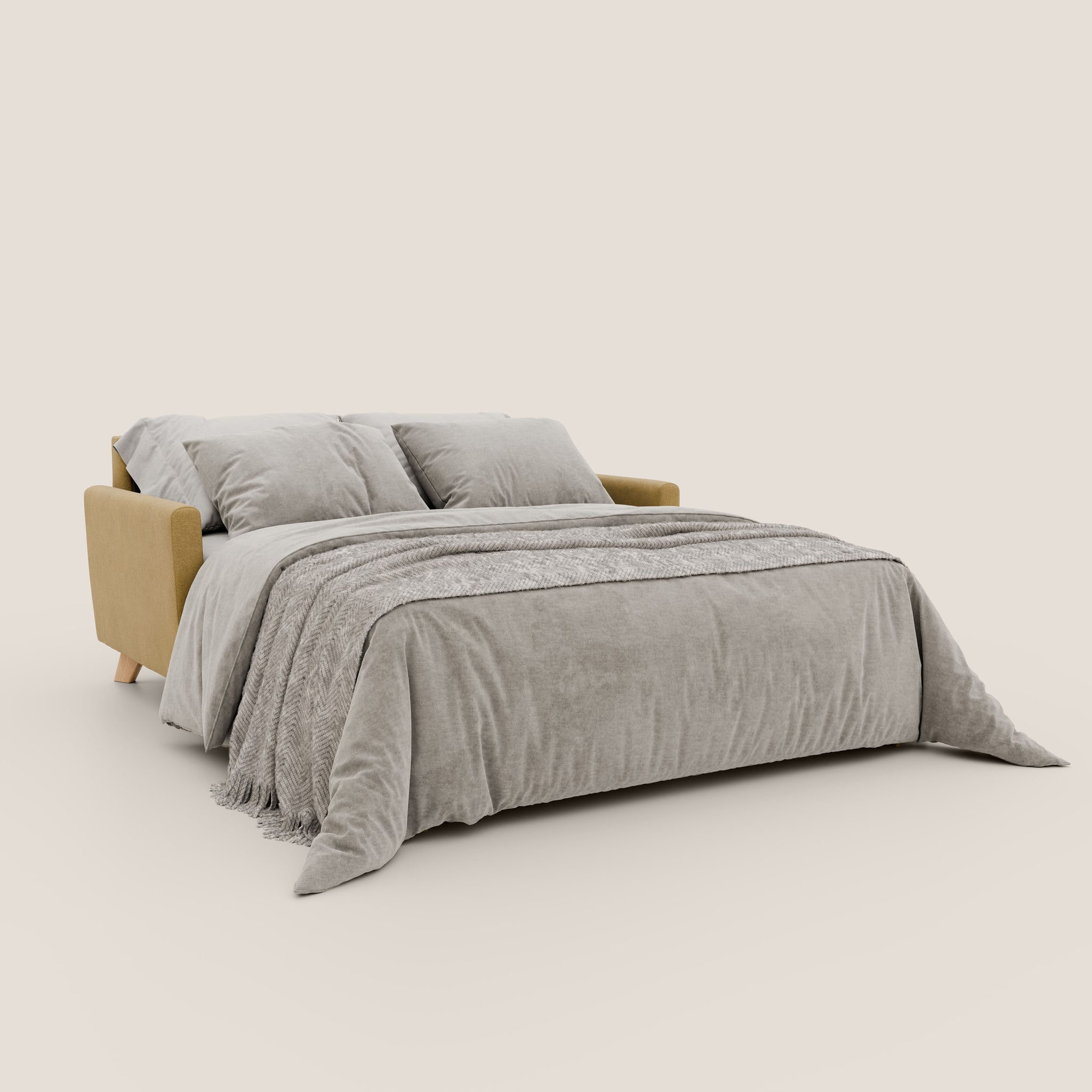 Il divano letto Francy da 180 cm di Divani.Store si trasforma facilmente in un letto, completo di un piumone grigio chiaro e due cuscini coordinati. Il suo design minimalista mette in mostra il rivestimento in tessuto giallo antimacchia T17 e le gambe in legno. Il materasso matrimoniale, disposto in modo ordinato, emana un fascino accogliente e accogliente su uno sfondo semplice e chiaro.