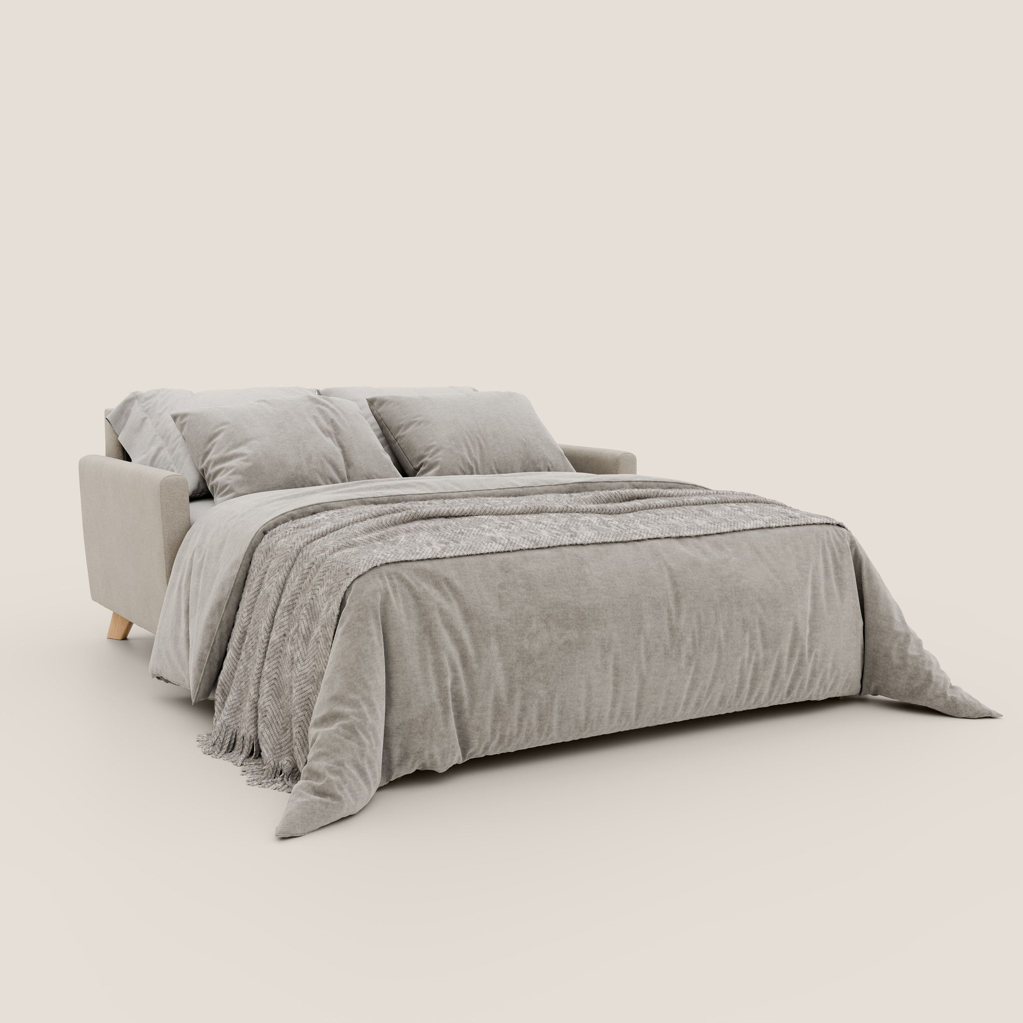 Ecco il divano letto Francy di Divani.Store, un divano letto elegante e moderno con tessuto antimacchia sfoderabile in T17 PANNA. Il design grigio chiaro presenta cuscini dello schienale che fungono anche da cuscini e la seduta si trasforma in un ampio letto da 140x197 cm. Un piumone grigio coordinato e strutturato drappeggia elegantemente sui bordi. Questo pezzo minimalista include poggiatesta regolabili per un comfort maggiore su uno sfondo bianco sporco.