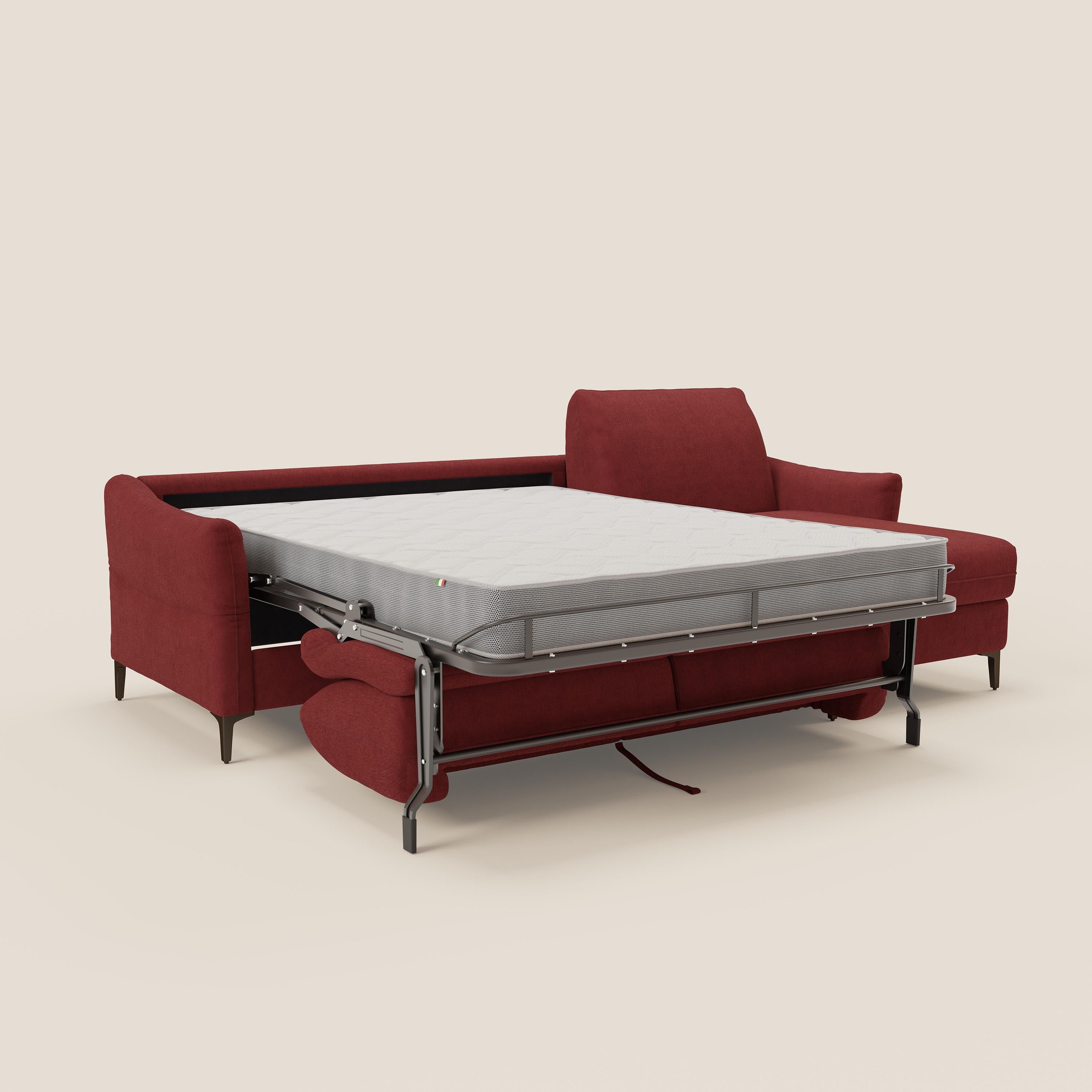 Dalia divano letto angolare con materasso alto 18 cm piedini alti e penisola contenitore in tessuto smacchiabile T17 - divani.store
