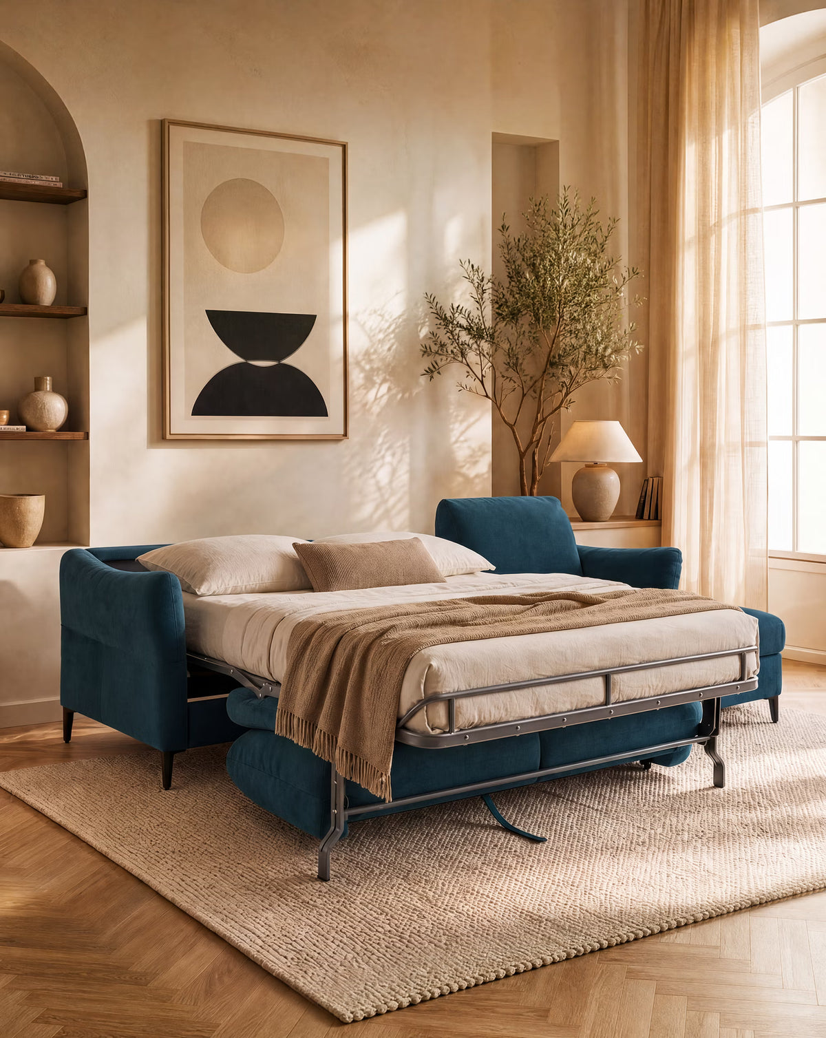 Dalia divano letto con penisola contenitore e materasso alto 18 cm - piedini alti e tessuto smacchiabile T30