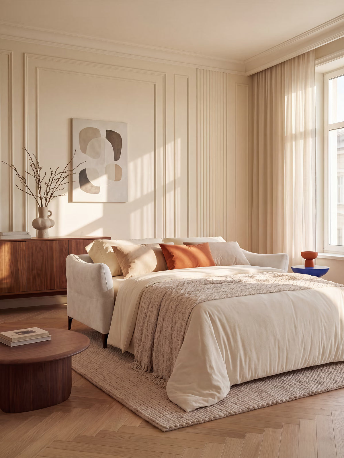 Camera da letto moderna e luminosa, con pareti color crema, un’ampia finestra, biancheria da letto dai toni neutri, cuscini color cuoio e ruggine e una coperta in maglia beige. L’ambiente è arredato con il divano letto Dalia da 2, 3 e 4 posti con materasso H18, realizzato in moderno tessuto vellutino antimacchia T30 di Divani.Store, che offre comfort e funzionalità. Accanto a un’opera d’arte astratta si trova una credenza in legno con un vaso di rami, completata da un tavolino in legno e da un tavolino blu