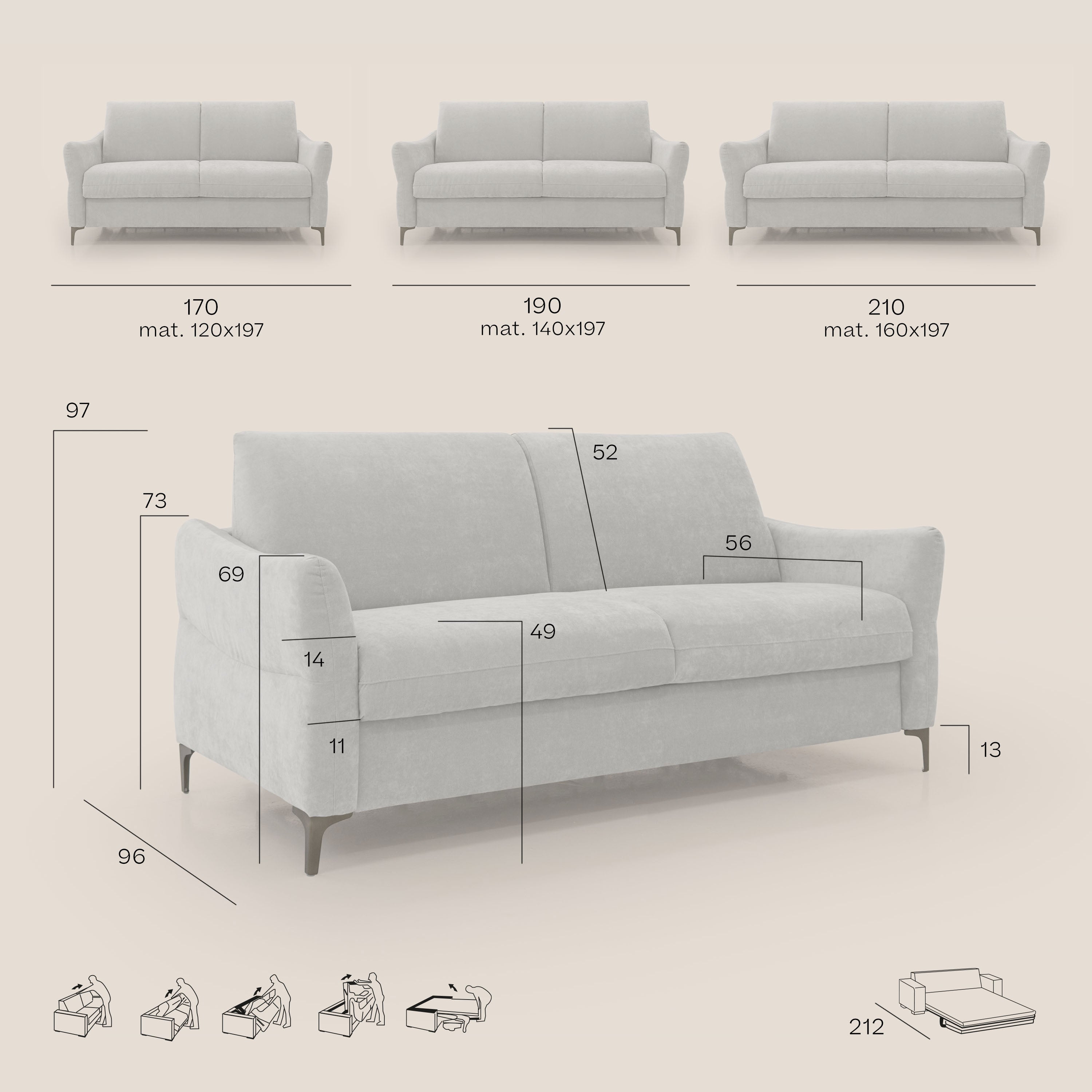 Dalia divano letto con materasso H18 cm e piedi alti in raffinato tessuto smacchiabile T17 carta da zucchero - divani.store