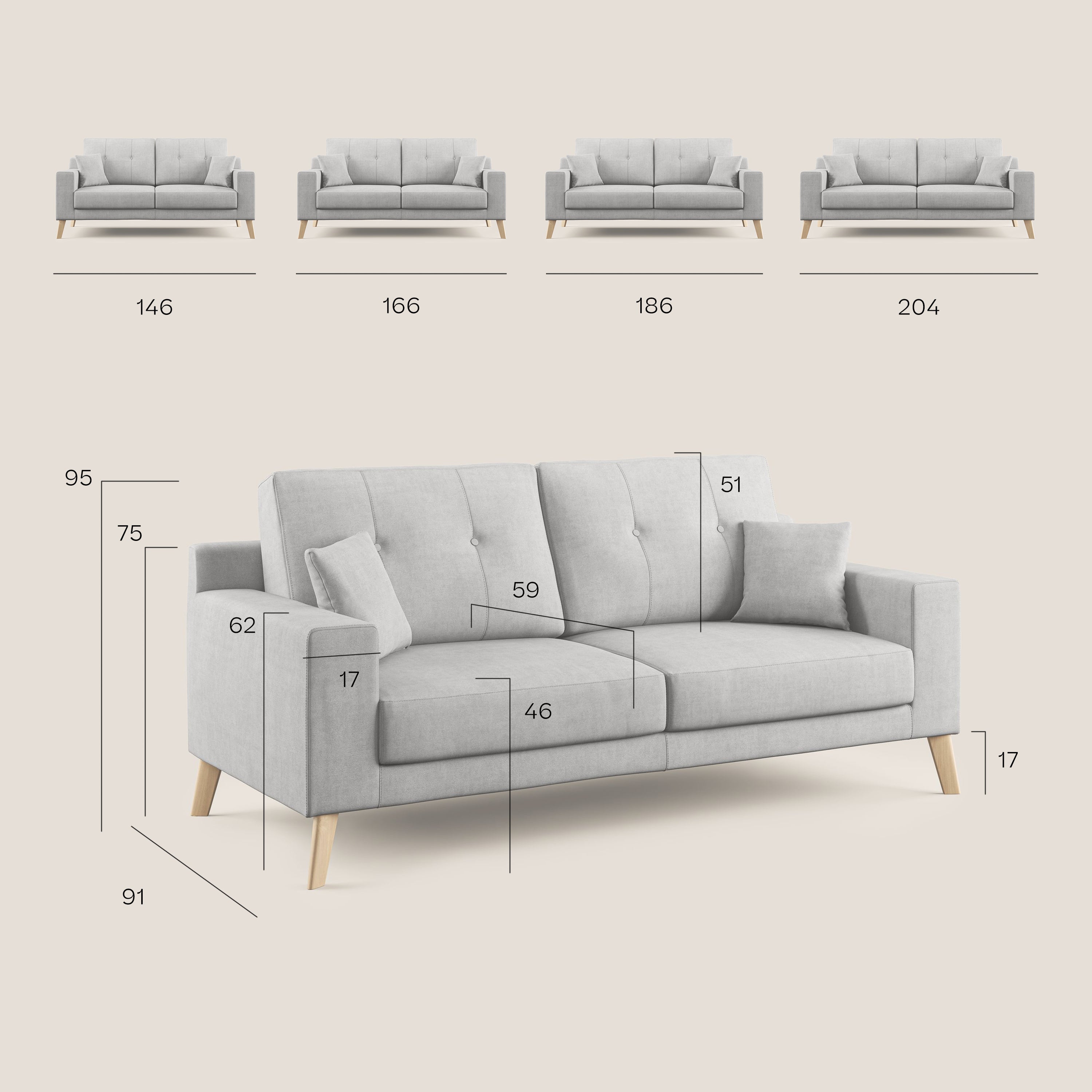 Danish divano moderno in tessuto morbido impermeabile T02 grigio chiaro - divani.store