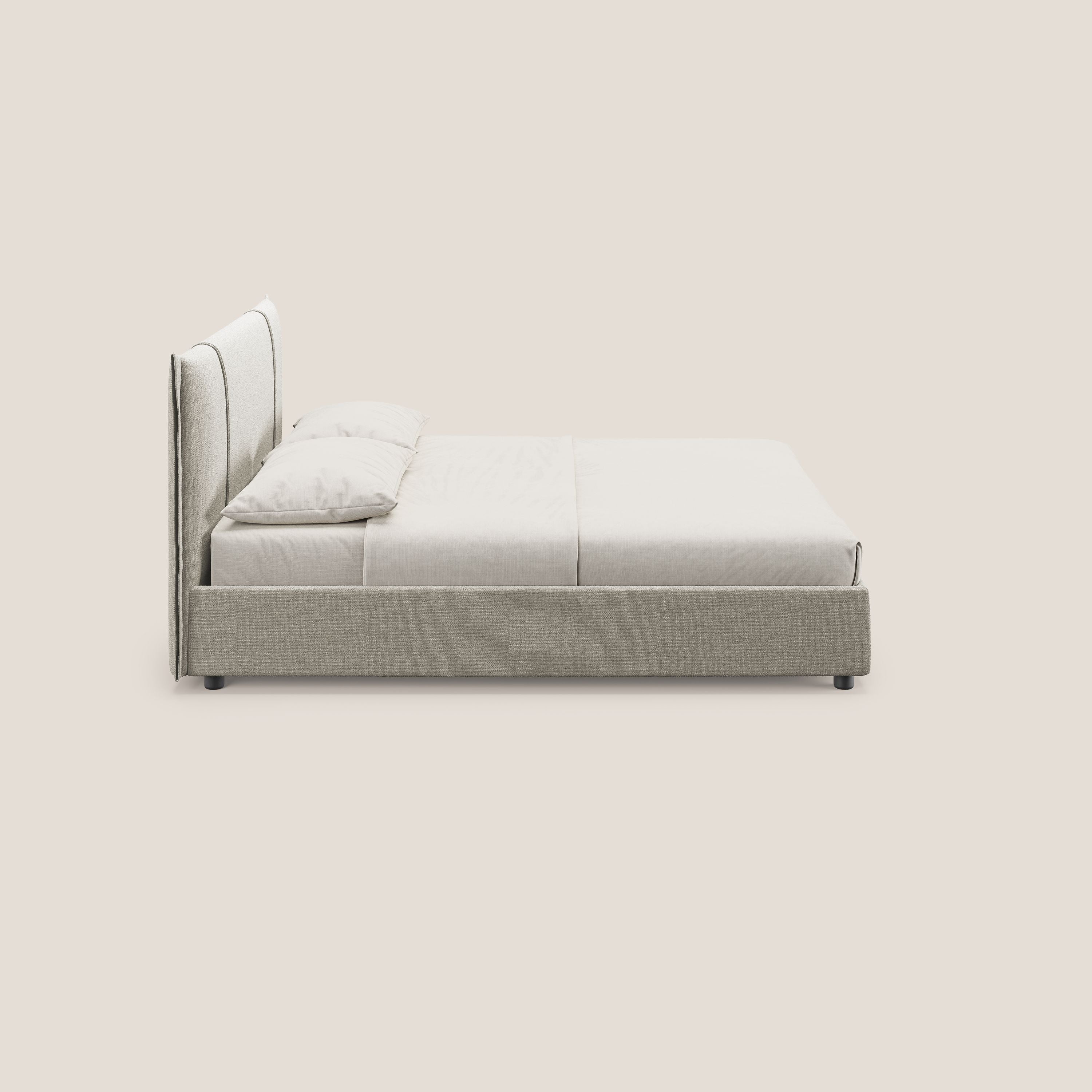 Alicia letto imbottito con vano contenitore in tessuto impermeabile T14 tortora - divani.store