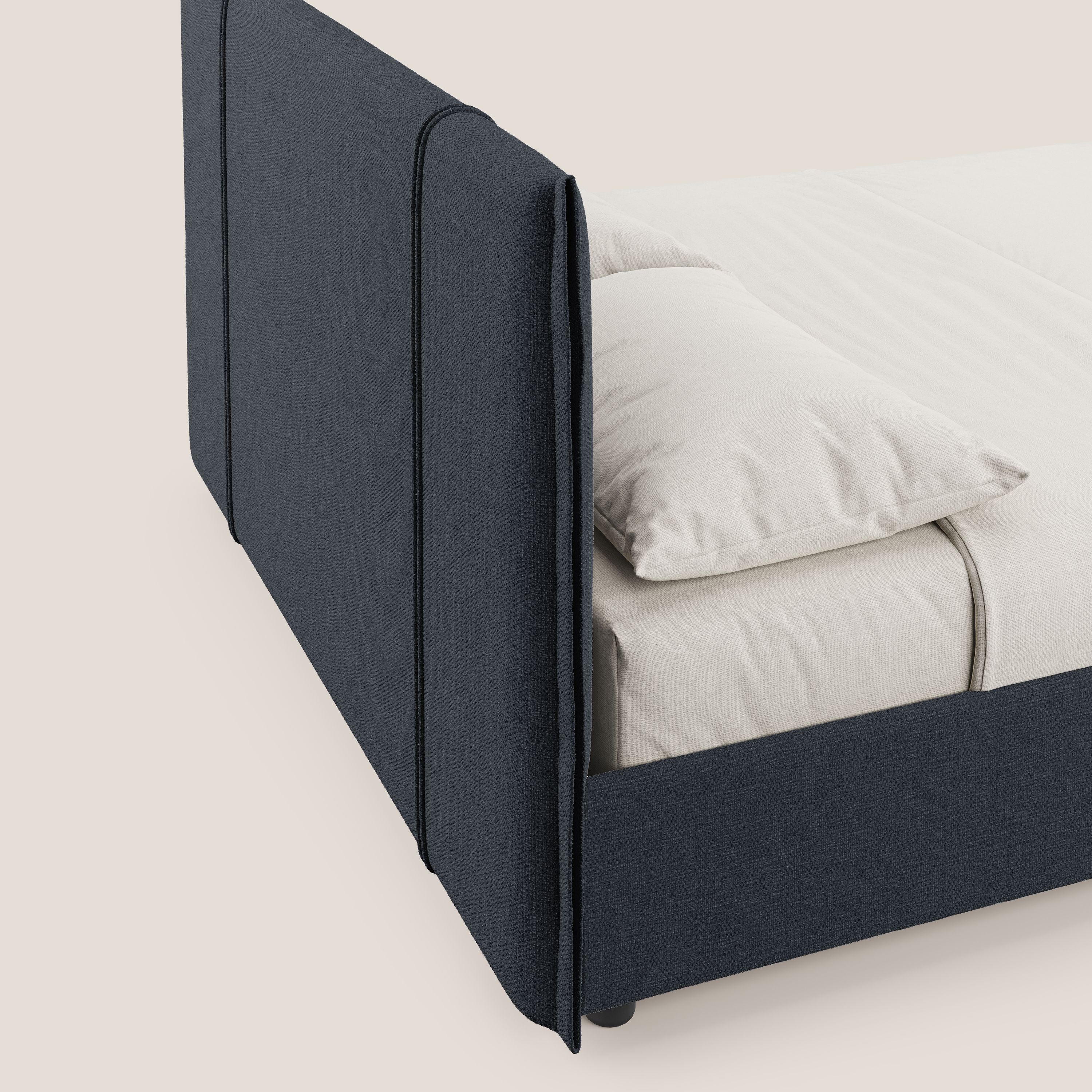 Alicia letto imbottito con vano contenitore in tessuto impermeabile T14 blu - divani.store